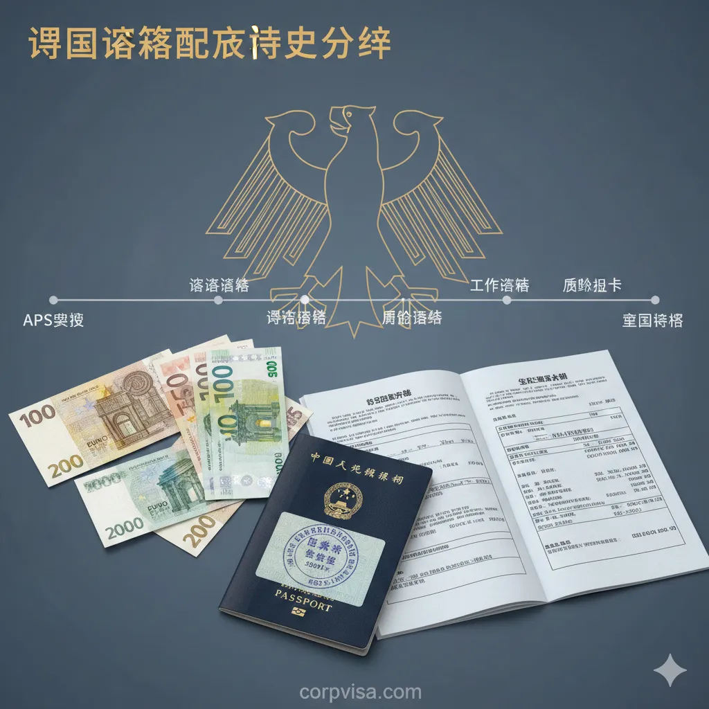 展示德国签证政策变迁的专业分析图。画面中央是一本打开的护照，上面盖着德国留学签证的印章，旁边摆放着2000年代的马克纸币和现代的欧元，以及一份标有'Finanzierungsnachweis'（资金证明）的文件。背景隐约可见德国联邦鹰标志和时间轴线条，从'APS审核'延伸至'欧盟蓝卡'，体现文章对从留学到移民身份转变的深度复盘，风格严谨、专业，符合Corpvisa的商务定位。