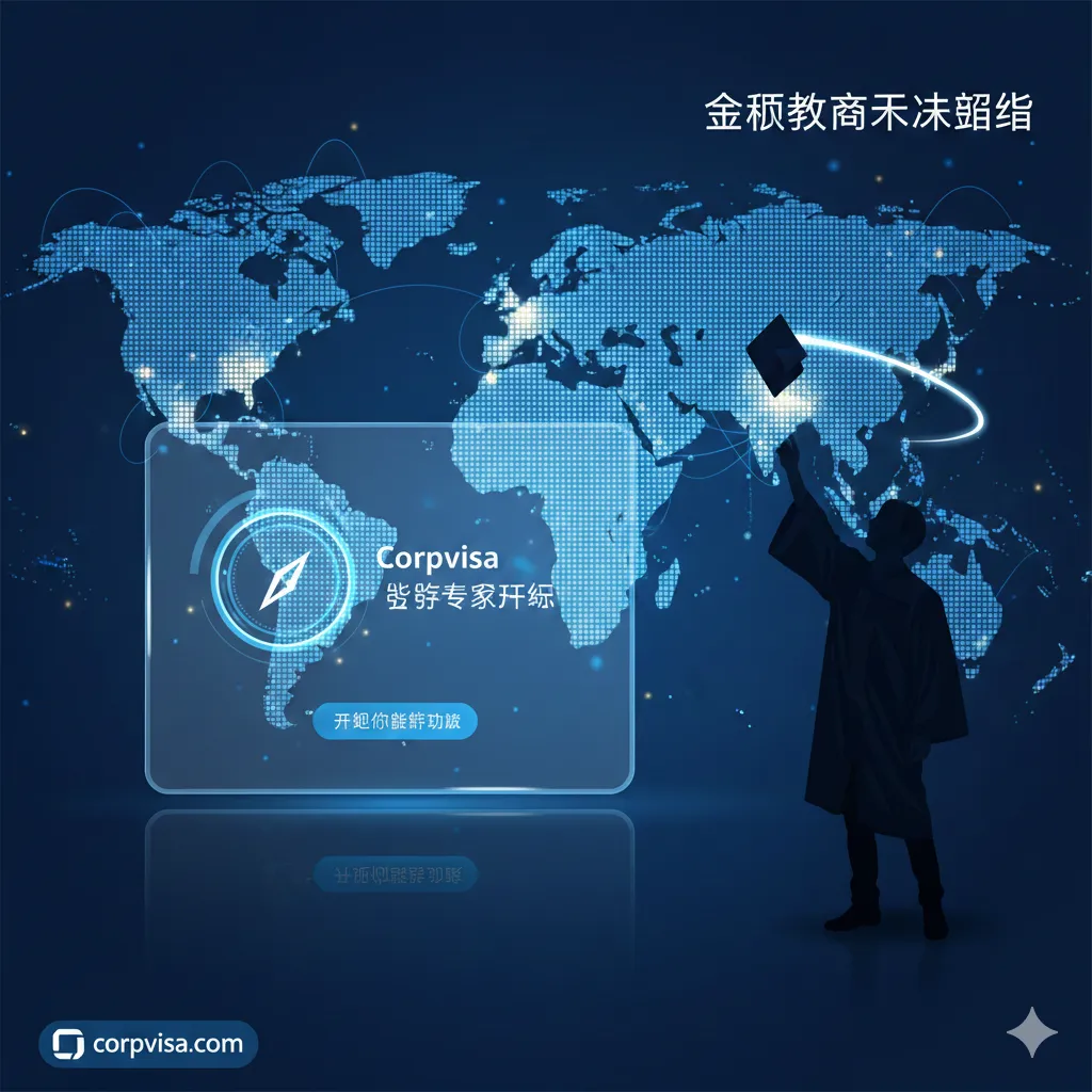 一张富有感召力的总结性图片，寓意启程与未来。画面背景是一张由发光线条连接的世界地图，高亮显示了美国、英国、欧洲等热门留学目的地。前景是一个半透明的数字界面或平板电脑，上面显示着'Corpvisa Expert Plan'的图标和'Start Your Journey'的行动按钮。画面右侧是一位身穿学士服的学生剪影，正将帽子抛向空中。整体色调为深蓝与科技白，激发用户点击咨询的欲望。