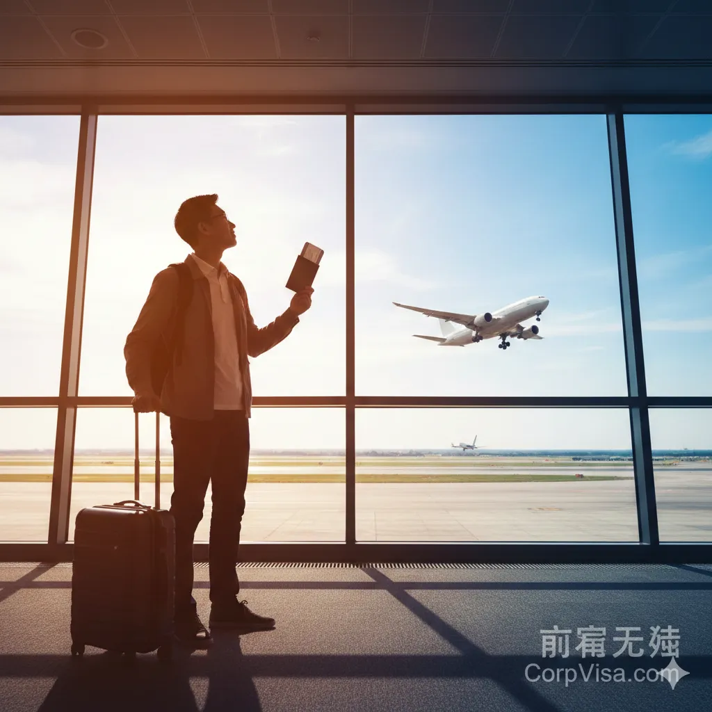一张充满希望与成就感的总结图片。画面展示了一名自信的亚裔学生站在繁忙的国际机场候机大厅落地窗前，手拉着行李箱，手中紧握着护照和机票，目光注视着窗外起飞的飞机和远处的蓝天白云。阳光透过玻璃洒在学生身上，形成逆光剪影效果。画面右下角叠加'Future Ready'或'CorpVisa'的淡淡水印。整体情绪高昂、励志，象征着留学梦想的最终实现和新旅程的开始。