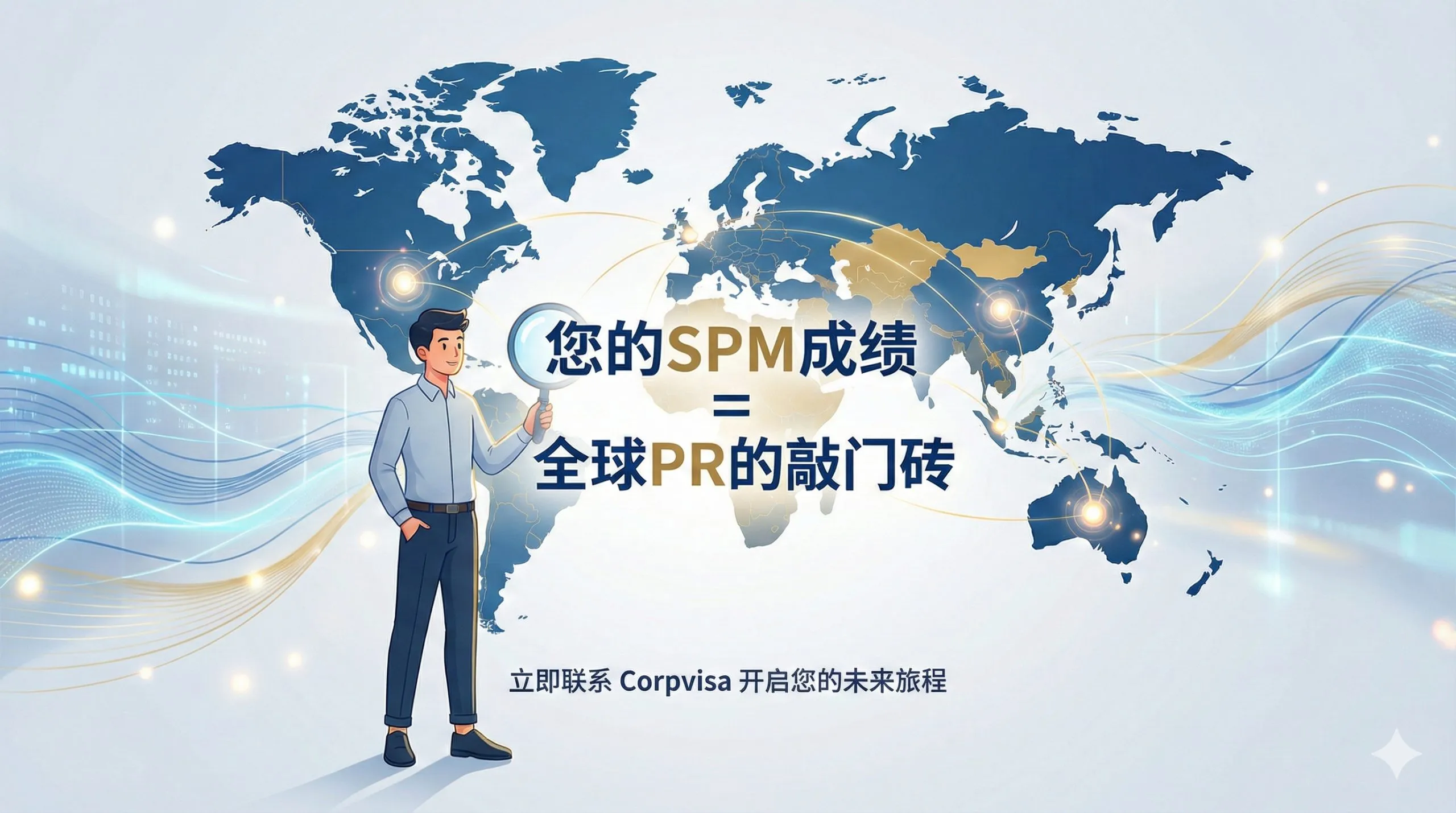 一张世界地图的简约风格插画,强调全球机遇和行动号召。地图上突出显示英国、澳大利亚和新加坡等热门留学目的地,用发光的点标记。一位年轻的SPM毕业生形象站在地图前,手上拿着一个放大镜,正在审视这些目的地。图中央加入一个醒目的文字标签:'您的SPM成绩 = 全球PR的敲门砖'。背景是抽象的数据流线,象征信息的流动和未来的无限可能,鼓励读者采取行动联系Corpvisa。
