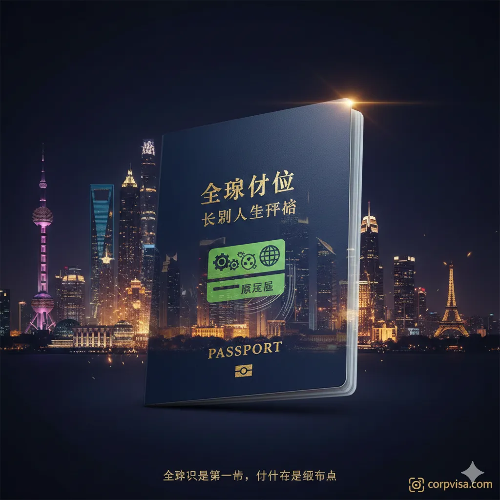 总结图聚焦于文章的终极目标:“全球身份”和“长远人生规划”。画面主体是一个打开的护照,护照的背景是一个模糊而美丽的我全球城市剪影(如上海、迪拜、巴黎的混合)。护照内页叠加着“绿卡”或“永久居留”的抽象图标。图片采用深色背景搭配金色高光,营造出高价值感和高端感。强调“留学只是第一步,身份才是终极目标”,象征着通过留学获得的不仅仅是旅行的便利,更是全球身份的自由。