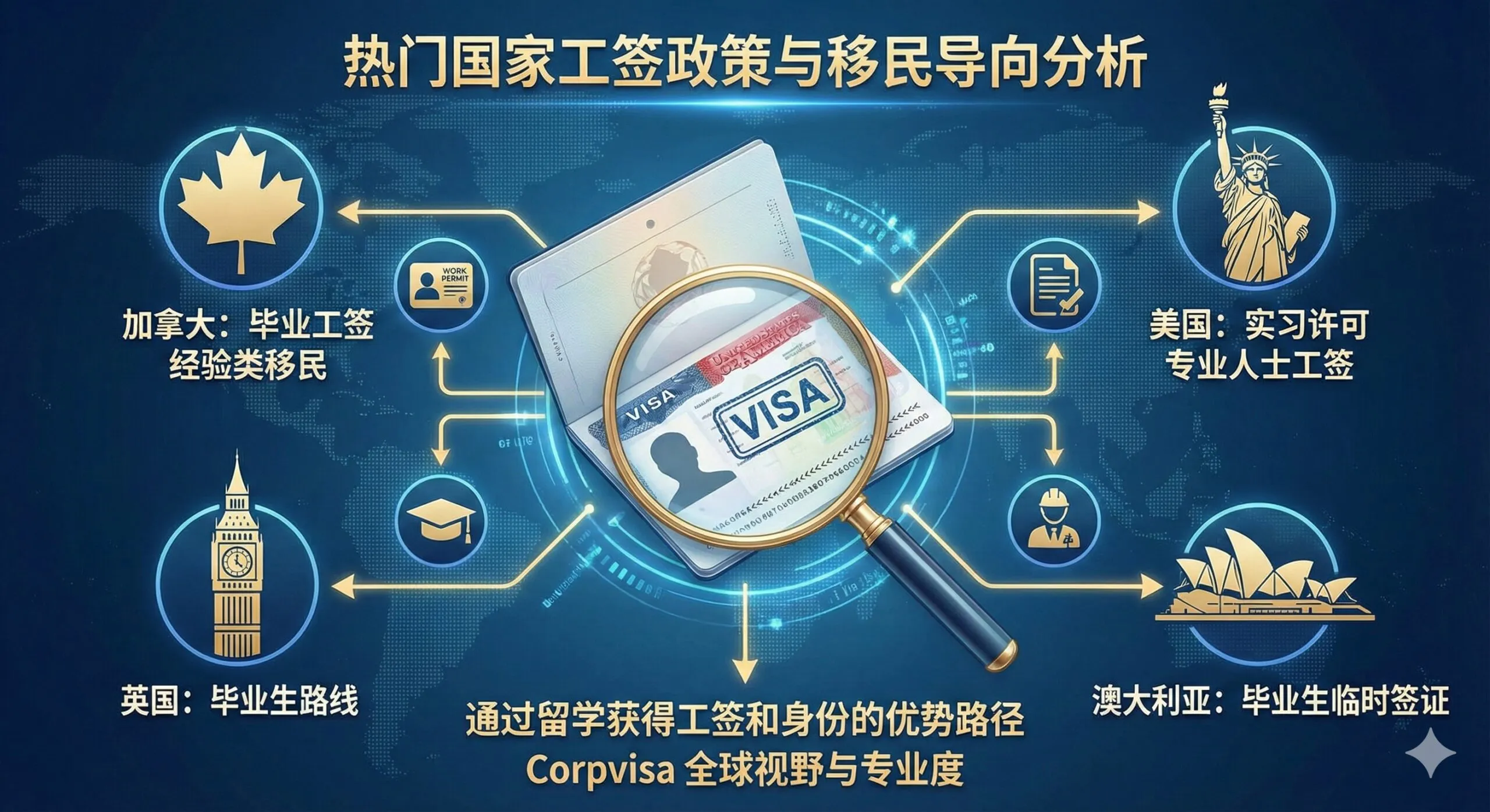 优势图片聚焦于“热门国家工签政策与移民导向分析”，以一个专业且具有全球感的布局呈现。画面中心放置一个放大版的护照或签证页。周围环绕四个国家/地区的地标或代表性元素：加拿大枫叶（PGWP/CEC）、美国自由女神像（OPT/H1B）、英国大本钟（Graduate Route）、澳大利亚悉尼歌剧院（485签证）。每个元素下方简短标注政策关键词。构图要强调“选择”与“路径”，暗示通过留学获得工签和身份的优势，展现 Corpvisa 的全球视野和专业度。