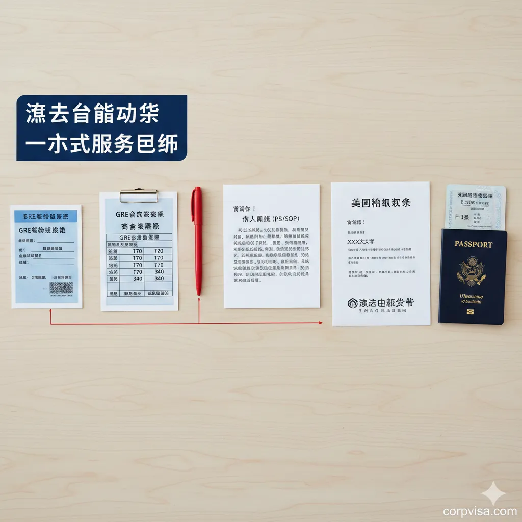 一张扁平化设计的策略流程图风格摄影。在干净的木质桌面上，从左至右有序排列着GRE考试的准考证、高分成绩单、精心修改的个人陈述（PS/SOP）草稿，以及最终的美国名校录取通知书（Offer Letter）。用一根红色的视觉引导线或实物笔将这些物品连接起来，并在终点处放置一本打开的护照，上面清晰可见美国留学签证页，直观展示从备考到签证的一站式服务闭环。