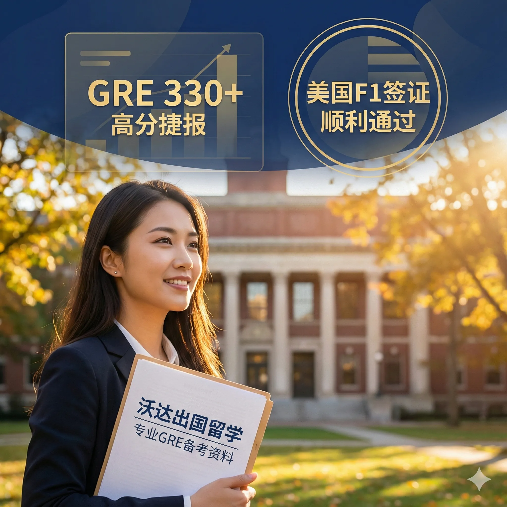 一张充满希望与学术氛围的高清封面图。画面前景是一位自信的亚洲学生手持带有沃达出国（Corpvisa）标志的文件袋，面带微笑目视前方。背景虚化展示了一座经典的美国常春藤盟校风格的红砖图书馆建筑，阳光透过树叶洒下斑驳光影。画面上方隐约浮现'GRE 330+'的分数图表与美国F1签证印章的艺术化融合元素，色调以专业深蓝与暖金为主，象征着高分录取与签证通过的双重保障。