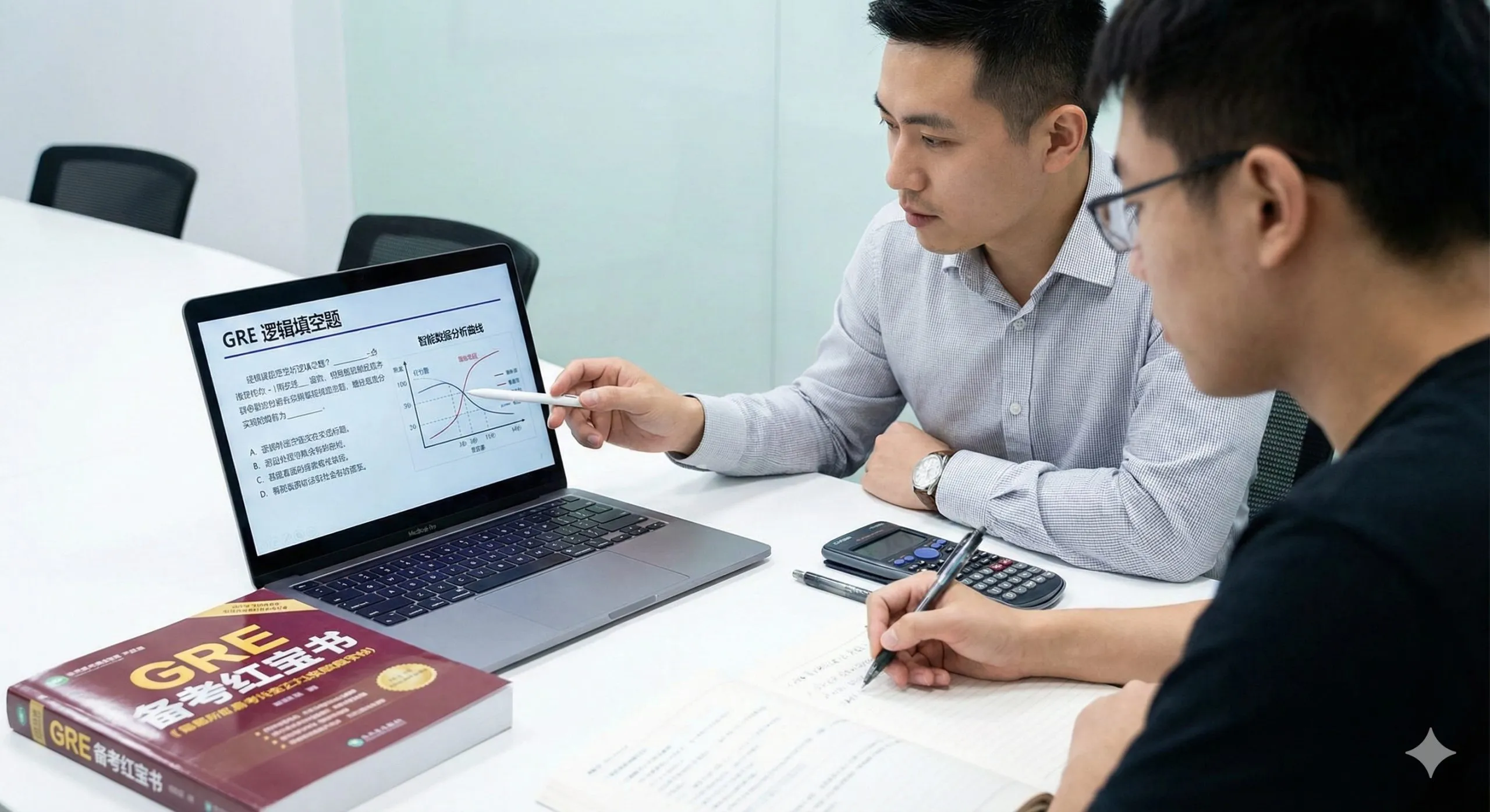 展示个性化教学场景的特写图片。在一个现代化、明亮的辅导教室内，一位专业的GRE名师正指着笔记本电脑屏幕，屏幕上显示着复杂的GRE Verbal逻辑填空题和智能数据分析曲线。对面坐着一名专注记笔记的学生，桌上放着GRE备考红宝书和科学计算器。光线柔和集中在学习区域，体现'一对一深度辅导'和'定制化突破'的专业教育氛围。