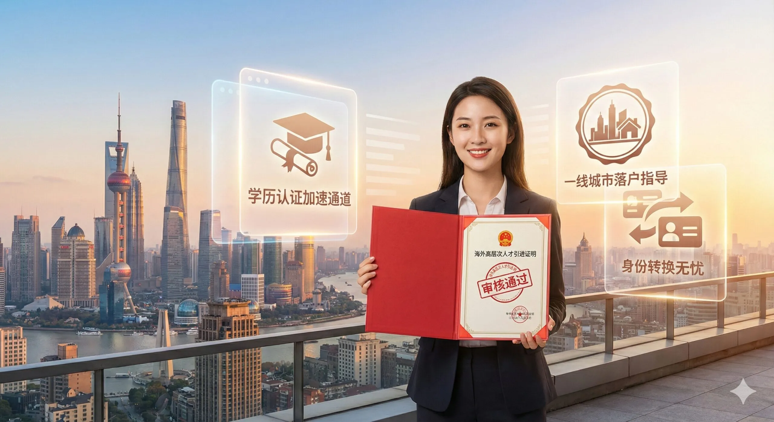 强调留学回国后“高价值服务”和“政策红利”的优势。主体是一位自信的海归站在中国一线城市(如上海、深圳)的摩天大楼背景前,手中拿着一份象征“户口本”或“人才引进证明”的文件。背景用叠加的卡片或印章图标突出“学历认证”、“落户指导”、“身份转换”等服务,强调Corpvisa.com如何帮助海归抓住政策窗口期,解决落户和身份转换难题。