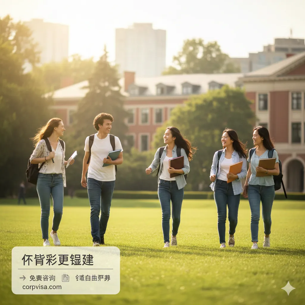 富有愿景感的总结性图片。画面展示不同背景、肤色的学生在海外校园绿草坪上交谈或奔跑的场景，象征留学后的成功生活与身份转型。画面色调清新自然，充满活力。构图聚焦于人物自信的笑容，呼应文章结尾‘让留学更稳健’的主旨，激发读者对未来发展的向往，引导其点击咨询或领取白皮书。