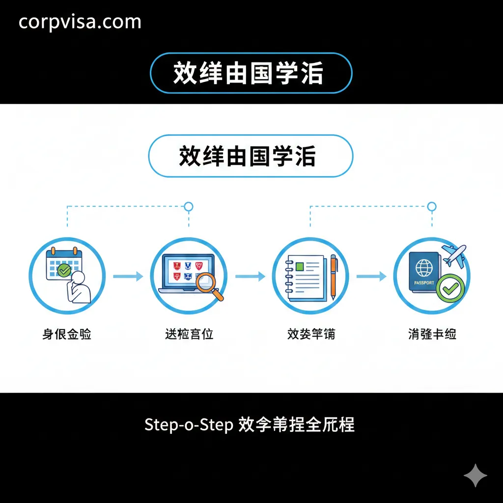 一张清晰直观的留学申请时间轴流程图。采用矢量插画风格，从‘自我评估’、‘选校定位’、‘文书撰写’到‘签证申请’，每个阶段由虚线连接。画面中包含日历、笔记本电脑和确认打钩的图标。色彩对比鲜明，以逻辑性的排版展示‘Step-by-Step’的教学感，帮助用户一眼理解复杂的留学准备全流程。