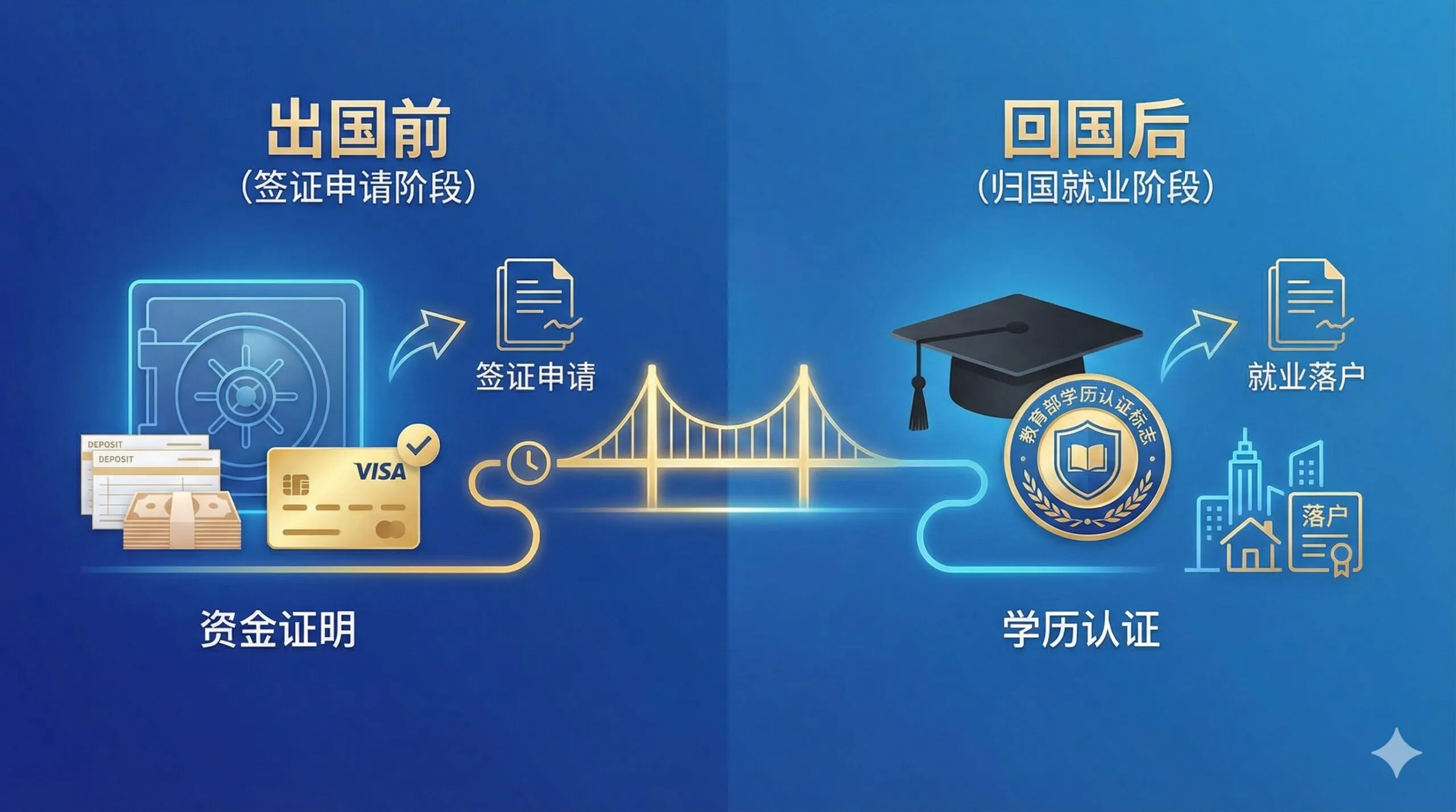 一张清晰的概念对比图或信息图表，用于区分'出国前'与'回国后'的证明文件。画面左侧展示'签证申请阶段'，包含银行金库、存单和Visa图标；画面右侧展示'归国就业阶段'，包含博士帽、教育部学历认证标志和落户图标。中间通过一条金色的时间线或桥梁连接，背景为淡雅的科技蓝渐变，通过视觉符号直观地解释'资金证明'与'学历认证'的区别，风格现代简约，易于理解。