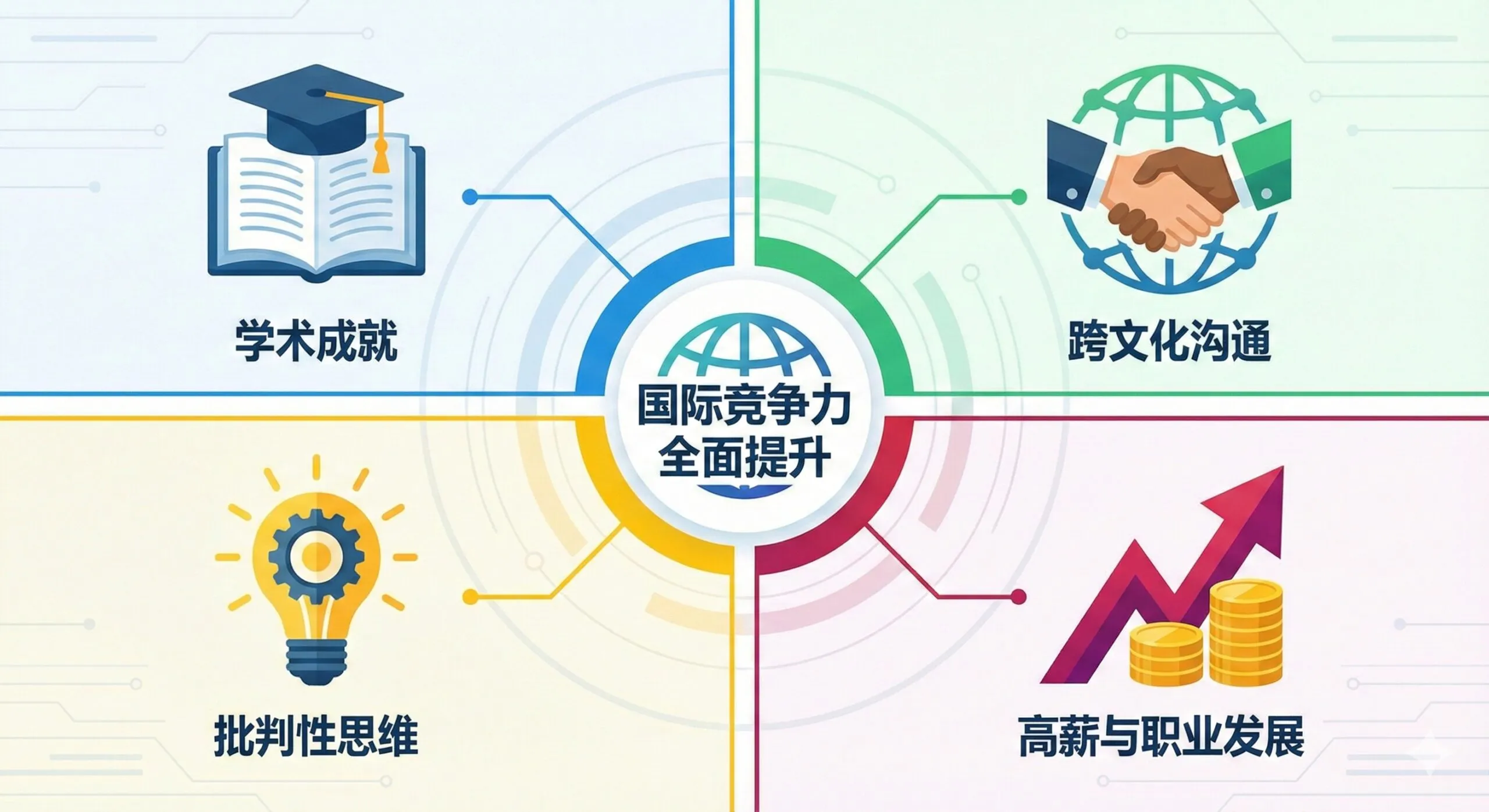 优势图着重展示留学带来的个人和职业优势。画面采用一个四象限图(或思维导图的四个分支),每个象限代表一个核心优势:1. 学术成就(一本书和毕业帽);2. 跨文化沟通(不同肤色的人握手);3. 批判性思维(一个灯泡内部有一个齿轮);4. 高薪与职业发展(一个向上的箭头和金币)。整体风格应充满活力和信息量,采用扁平化设计,色彩鲜明,强调留学背景对个人国际竞争力的全面提升。