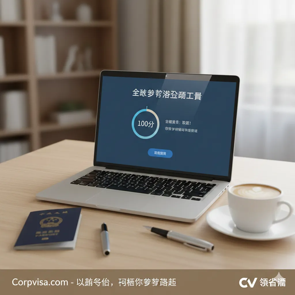 一张温馨且专业的总结性图片,展示Corpvisa的咨询服务场景。画面中展示一台平板电脑或笔记本屏幕,上面显示着“全球留学签证评估工具”的界面和满分的评估结果。旁边摆放着护照、咖啡和一支精致的钢笔,寓意规划已完成,准备启程。整体色调柔和、值得信赖,传递出“以终为始”的规划理念,引导用户进行下一步的咨询或评估行动。