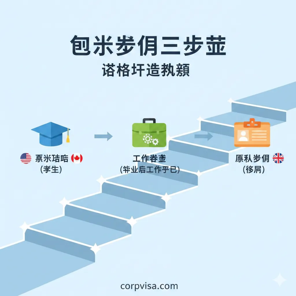 一张扁平化风格的流程示意图,详细描绘从留学到移民的“三步走”路径。第一步图标为“学位帽(Student)”,箭头指向第二步“工签公文包(PSW/OPT/PGWP)”,最终指向第三步“永久居留证(PR/Green Card)”。路径设计成跑道或阶梯形状,旁边标注美国、加拿大、英国等国旗元素,清晰指引用户如何通过留学实现身份跃迁,风格简洁易懂,具有指导意义。
