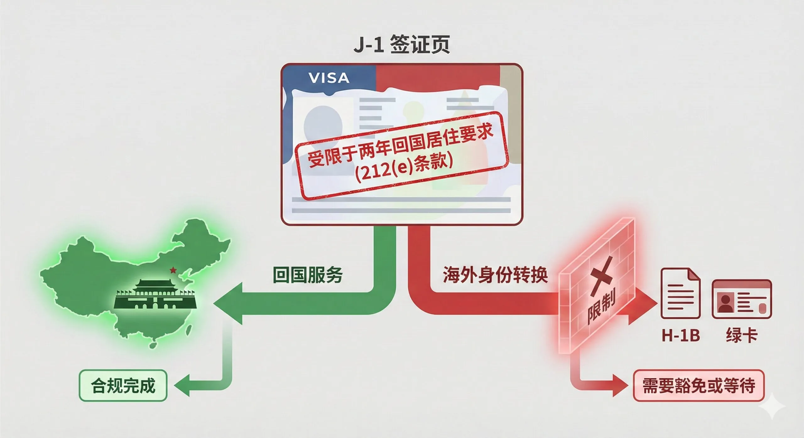 此图旨在清晰展示J-1签证“两年回国居住要求”的法律硬约束。构图应采用流程图或概念图的形式。主体为一个美国J-1签证页的抽象图形，其底部醒目标注有“Subject to Two-Year Home-Country Physical Presence Requirement (212(e) Rule)”字样。从签证图形引出两条路径：一条是“回国服务”并配上中国地图或天安门的剪影；另一条是“海外身份转换”并配上H-1B和Green Card的图标，但在这条路径上有一面红色的、象征“限制”的半透明墙体。色调使用鲜明的红/绿对比，突出“限制”与“合规”的矛盾点。