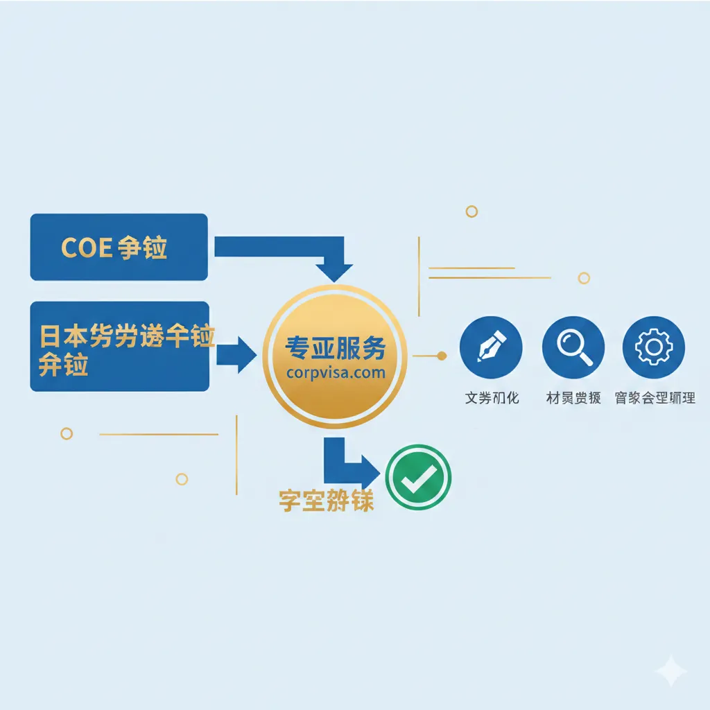 这张图片需要聚焦文章的核心功能:COE与签证的专业服务。设计风格应为信息图表(Infographic)或业务流程图(Flowchart)的简洁、扁平化设计。中央放置一个带有'COE'和'日本留学签证'标签的清晰流程图,流程箭头指向'成功'的绿色勾选标记。旁边有三个小图标代表corpvisa.com的核心服务:'文书优化(钢笔图标)'、'材料审核(放大镜图标)'、'复杂案例处理(齿轮图标)'。主色调使用蓝色和金色,体现专业、权威和高效率。