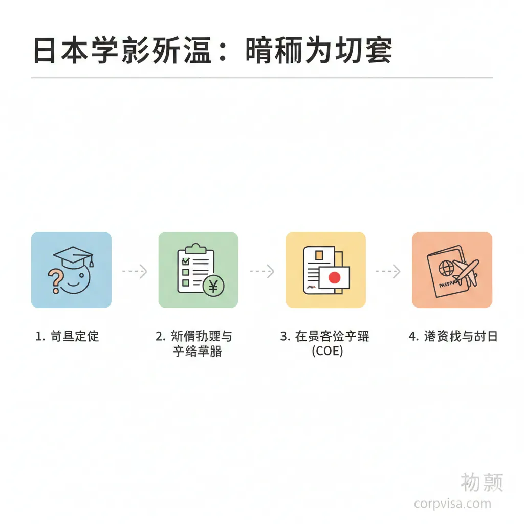 教程图片应具象化'日本留学流程:从规划到入境'这一部分。图片采用分步指导(Step-by-Step)的布局,用四个清晰的图标代表流程中的关键步骤:1. 目标确定(问号和学位帽图标);2. 条件初审(清单和人民币符号);3. COE申请(日本国旗和文件图标);4. 签证获取及入境(护照和飞机图标)。这些图标应通过虚线或箭头连接,形成清晰的路径,风格现代、简洁。色彩使用柔和的对比色,引导用户视线按顺序浏览。