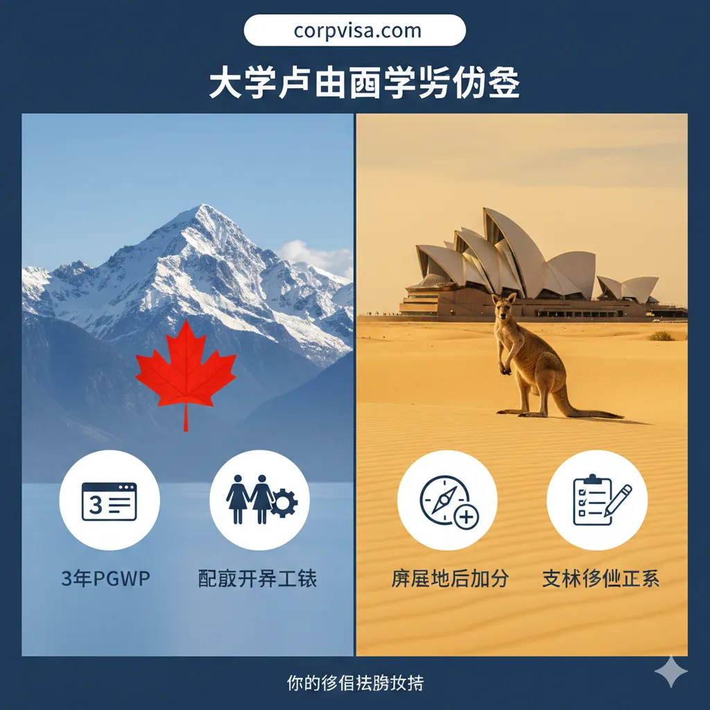 图片应突出加拿大和澳大利亚作为移民友好国家的优势。画面左右两边分别是加拿大(枫叶、雪山)和澳大利亚(袋鼠、悉尼歌剧院)的标志性元素。在两个国家图像下方,分别用醒目的图标强调其独特优势:加拿大是“3年PGWP”和“配偶开放工签”,澳大利亚是“偏远地区加分”和“技术移民列表”。整体色彩明亮,传递稳定、友好的信息,强调corpvisa.com的移民法务支持。