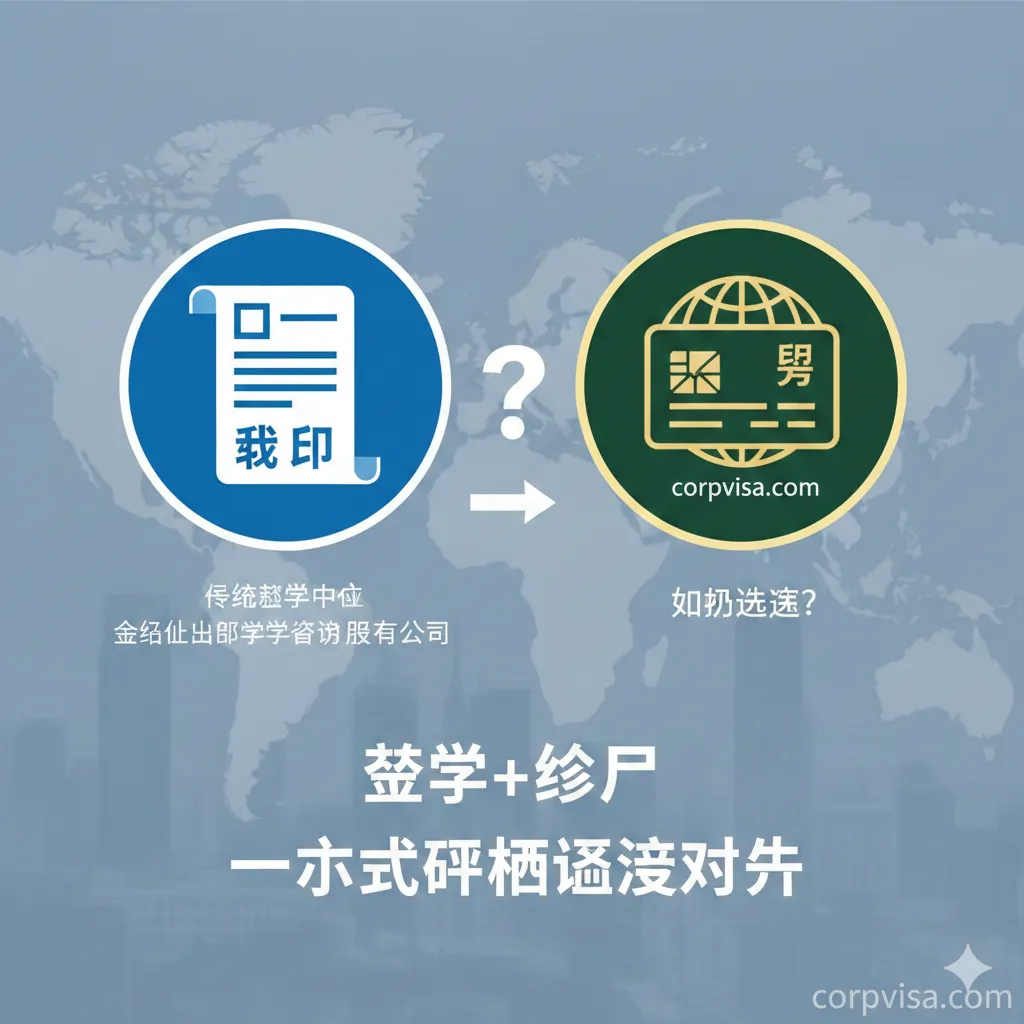 一张富有专业感和对比张力的封面图。画面中央是两个并列的图标,左侧代表'传统留学中介'(如金吉列),使用蓝色调,图标为一个大学录取通知书(Offer)的抽象图形,表达'留学起点';右侧代表'corpvisa.com',使用深绿色或金色调,图标为一个地球/世界地图与永居卡(PR Card)的组合图形,表达'移民终点'。中间用一个醒目的问号或箭头表示'如何选择',下方中文标题突出'留学+移民 一站式规划'的深度对比,整体风格现代、清晰,强调策略规划的重要性。