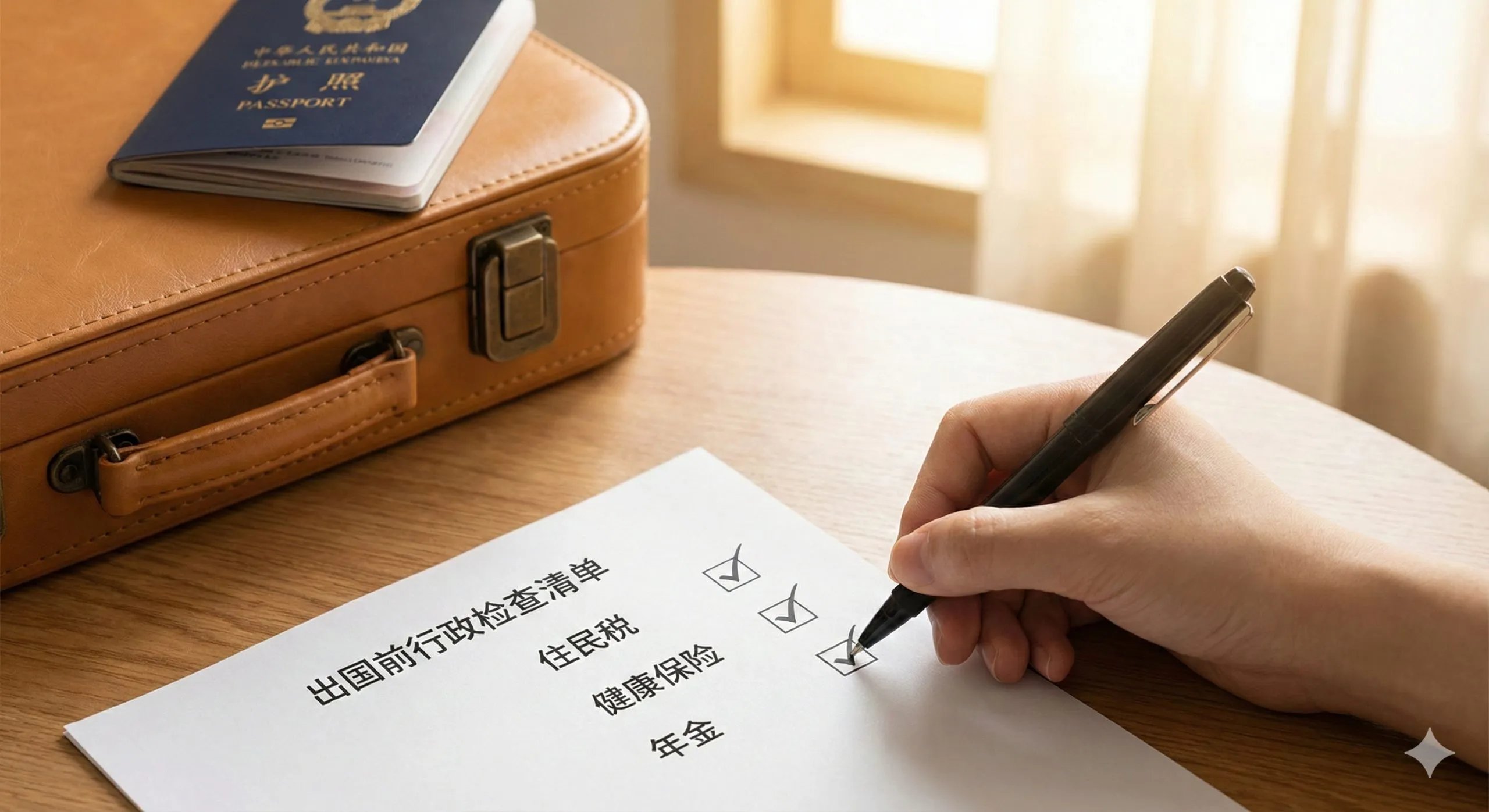 一张象征准备就绪和安心的总结性图片。特写视角展示一只手握着笔，正在'出国前行政检查清单'上勾选最后一个项目。清单上可见的文字包括'住民税'、'健康保险'和'年金'。在柔焦的背景中，一本护照放在已经打包好的行李箱上，窗外透进温暖的阳光，传达出所有复杂的行政任务已解决，学生已准备好飞往韩国的轻松心情。