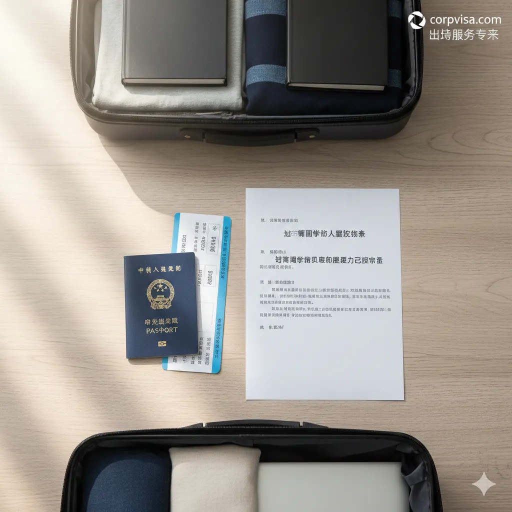 一张专业且引人入胜的博客封面图，采用俯拍平铺构图，背景为干净的木质桌面。画面中心放置着一本日本护照、一张飞往韩国首尔的机票，以及一份清晰可见的日语文件，标题为'海外転出届'。背景处轻微虚化，展示一个打开的行李箱和整理好的衣物，象征着长期留学的准备工作。光线柔和自然，既传达出新生活的期待感，又突出了行政手续的重要性。