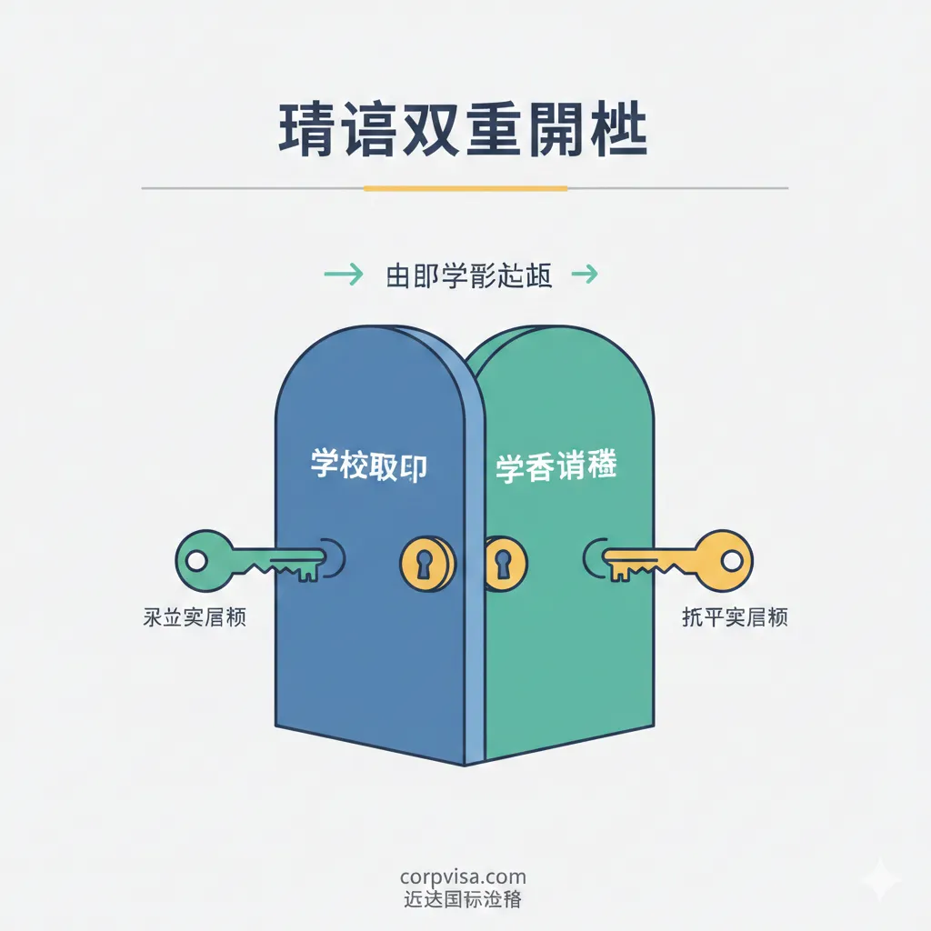 功能图，用于说明'入学与签证的双重门槛'（II. 主流英语国家留学语言要求深度解析）。画面应设计成一个双重门或双重检查点：第一个门上标有'学校录取'（Academic Offer），第二个门上标有'留学签证'（Visa Approval）。两个门的门锁都需要不同的钥匙（即语言成绩单）。画面应有雅思（IELTS）和托福（TOEFL）的标志，强调语言成绩同时解锁这两个门槛。整体构图清晰，使用流程图或信息图的风格。