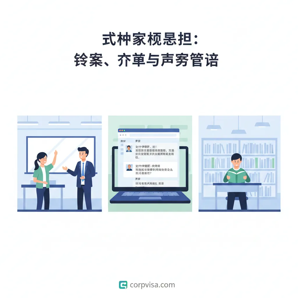 图片表现'学术场景必备：课堂、作业与教授沟通'的功能。画面采用分屏或多格设计，展示留学生在不同学术场合使用英文的场景。左侧为课堂互动，学生举手向白板前的教授提问；右侧为邮件沟通，放大显示笔记本电脑屏幕上的正式英文邮件界面（内容涉及'Office Hour'或'Assignment Extension'）。整体采用专业、清新的扁平化设计，色彩以蓝、绿为主，营造高效的学习氛围。强调英文在学术交流中的精确性与正式性。