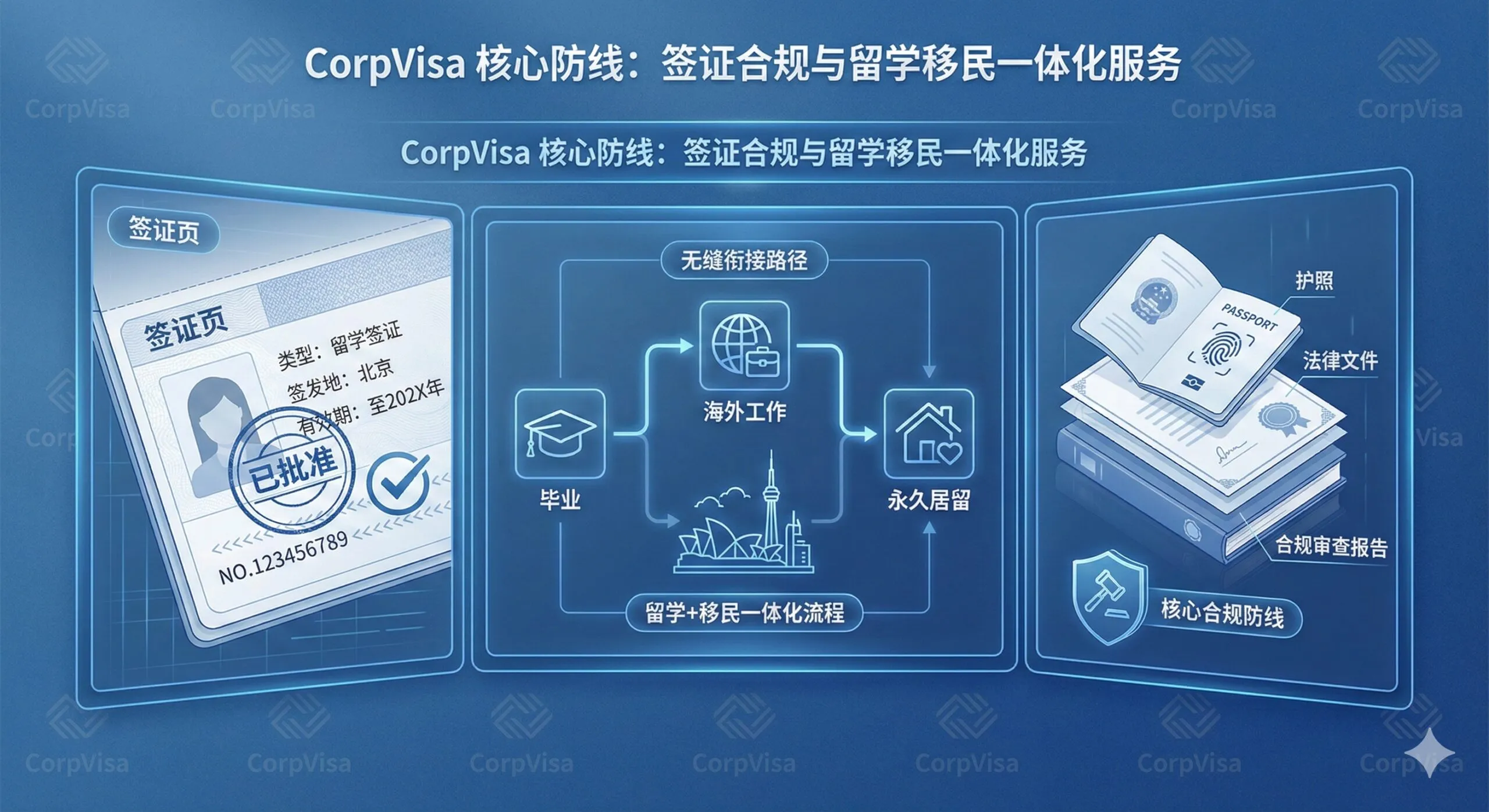功能特性图，突出 CorpVisa 在“签证与合规”和“留学+移民”方面的核心防线。画面风格为严谨的商务信息图。主体是一个三联屏的界面，屏幕上分别显示：1. 一份成功获批的签证页（特写，象征签证成功率）；2. 一个连接大学毕业帽和海外工作地标（如悉尼歌剧院、多伦多CN塔）的流程图（象征留学移民一体化）；3. 一本护照和法律文件堆叠（象征合规）。色调以蓝白为主，强调专业可靠性。背景有 CorpVisa 的微弱水印，突出品牌专业度。
