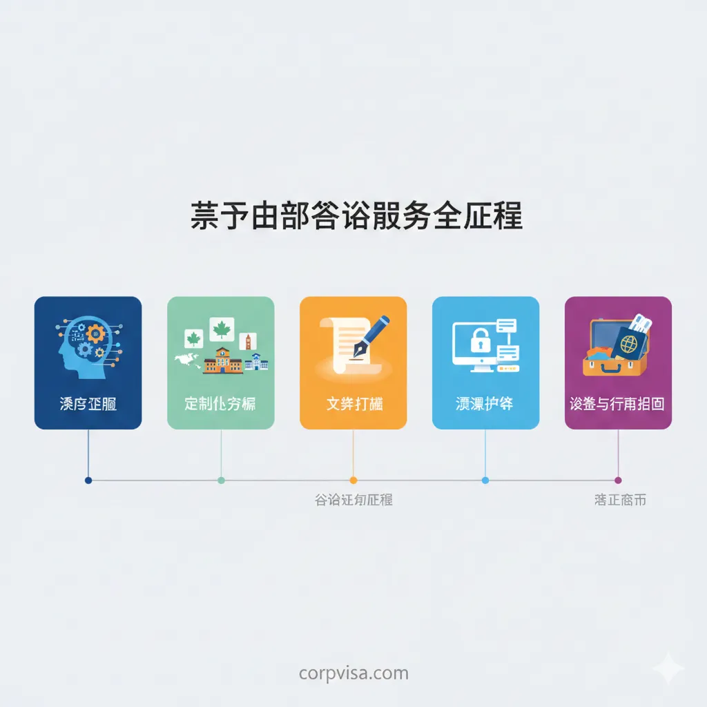 教程指导图，展示“从咨询到落地”的标准化全流程服务。构图采用水平时间轴设计，清晰地将流程分为5个关键步骤：1. 深度评估（一个脑部或数据分析图）；2. 定制化方案（多个国家/学校图标）；3. 文书打磨（一支笔和一份发光的文书）；4. 透明申请（一个带锁的电脑界面，锁已打开）；5. 签证与行前指导（一个带登机牌的行李箱）。每个步骤使用不同的色块或图标进行区分，整体色调明亮、流程化，引导用户理解“留学出国咨询服务”的每一步。