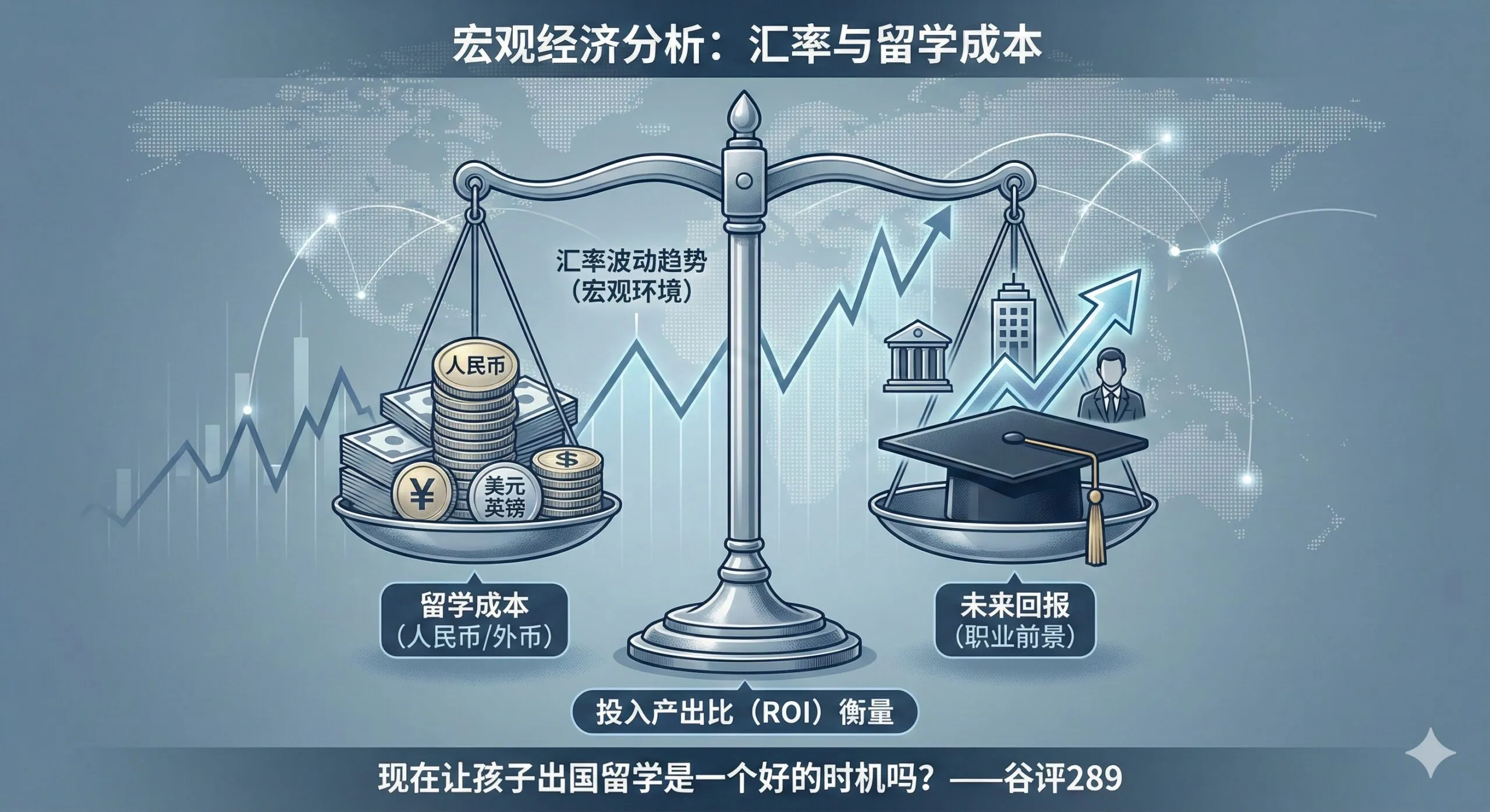一张专注于经济数据分析的插图,展示宏观环境对留学成本的影响。画面中心是一个精细的天平,一端放着带有货币符号(人民币与美元/英镑)的钱币堆,另一端是学士帽和未来的职业前景图标,象征投入产出比(ROI)的衡量。背景中有上升和下降的汇率折线图,以及半透明的世界地图纹理,风格简洁、商务,体现理性的财务评估视角。