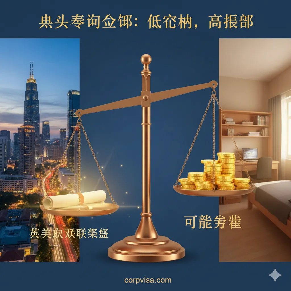 一张展示马来西亚留学优势的视觉图,重点对比性价比。画面中心是一个天平,一端是高质量的英美澳双联课程证书,另一端是象征节省支出的金币堆。背景是繁华的吉隆坡街景与舒适的学生宿舍室内图。色彩运用对比强烈的暖黄色与深蓝色,强调‘低成本、高回报’的留学优势,给人以极具吸引力的视觉冲击感。