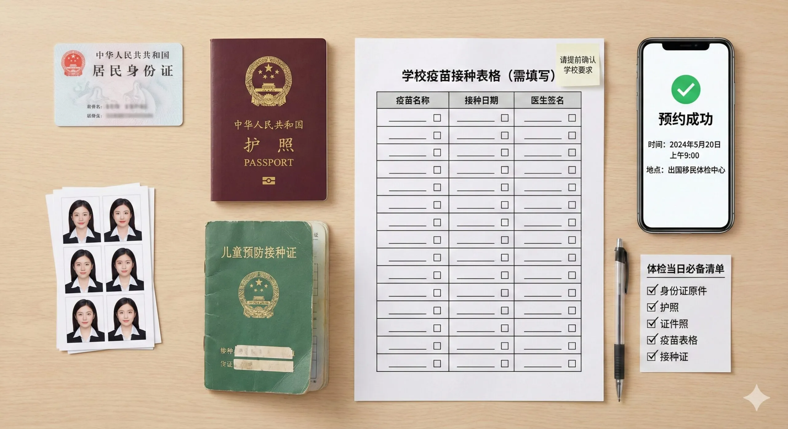 一张俯拍视角的平铺（Flatlay）风格图片，展示体检当天的必备材料清单。画面中整齐排列着：身份证原件、护照、几张两寸白底彩色证件照、打印好的全英文学校疫苗表格（Immunization Form）、以及一本略显陈旧的绿色《儿童预防接种证》。物品摆放在浅木色或白色的桌面上，旁边有一部手机显示着‘预约成功’的界面，视觉上引导用户按图索骥，条理清晰，实用性强。