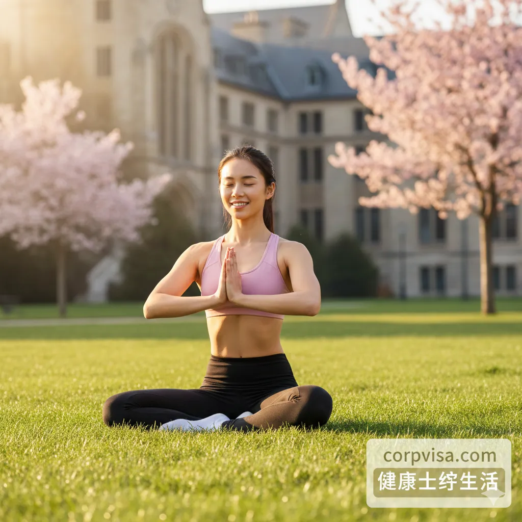 展现健康活力生活方式的图片。一位女性留学生在风景优美的海外校园草坪上进行晨跑或瑜伽,阳光洒在身上,展现出紧致健康的体态(隐喻'蜜桃臀'般的自律与坚韧)。色彩鲜艳明快,充满正能量,强调身心健康对于海外生活的重要性。