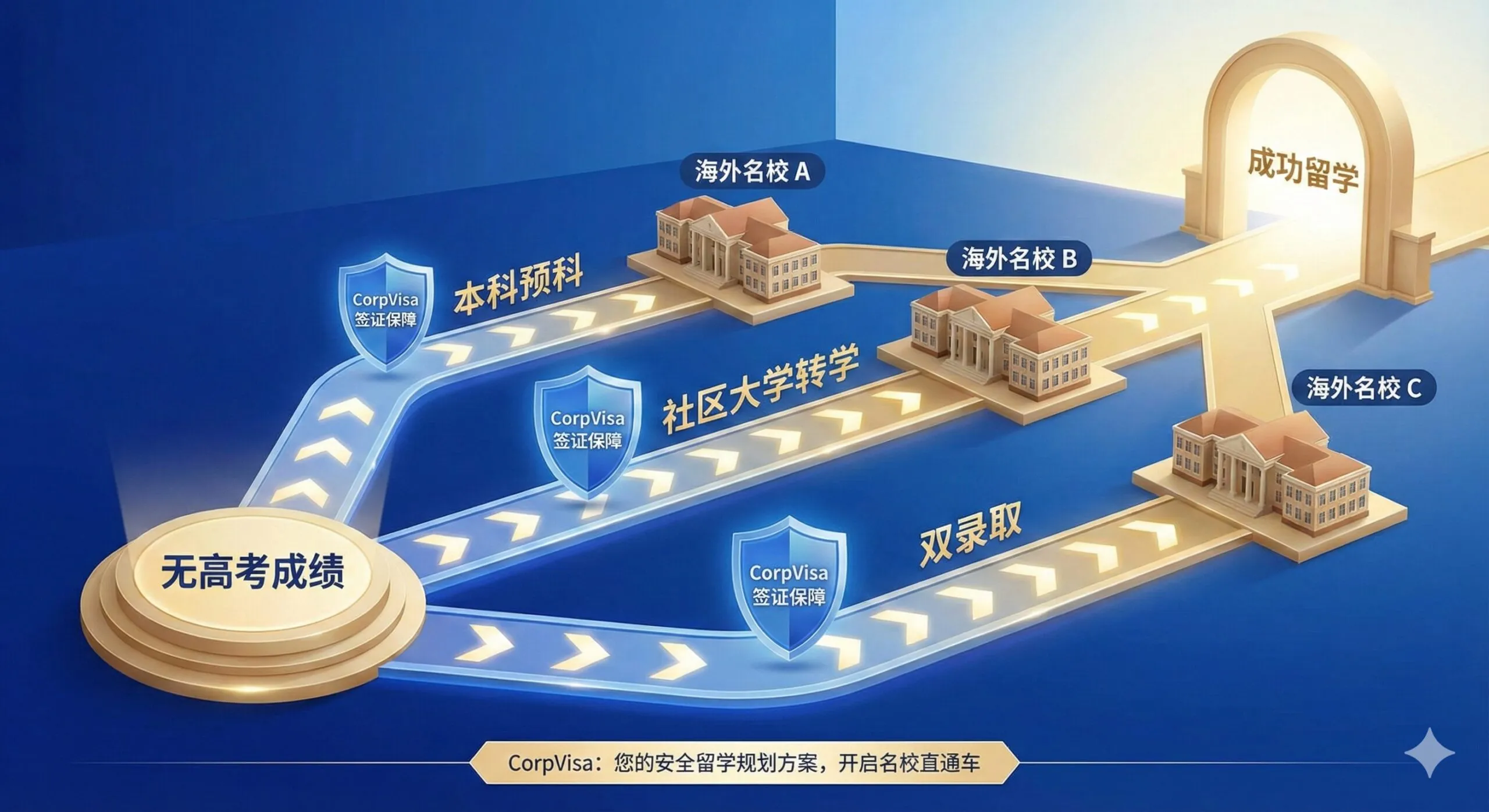一张展示解决方案的路径规划图。画面展示了三条通往名校的清晰路径，分别标记为“本科预科”、“社区大学转学”和“双录取”。每条路径都铺设有明亮的灯光，并在CorpVisa盾牌图标的保护下延伸至远方的大学建筑。整体色调明亮、积极，展示CorpVisa为无高考成绩学生提供的正规、安全的签证规划优势。