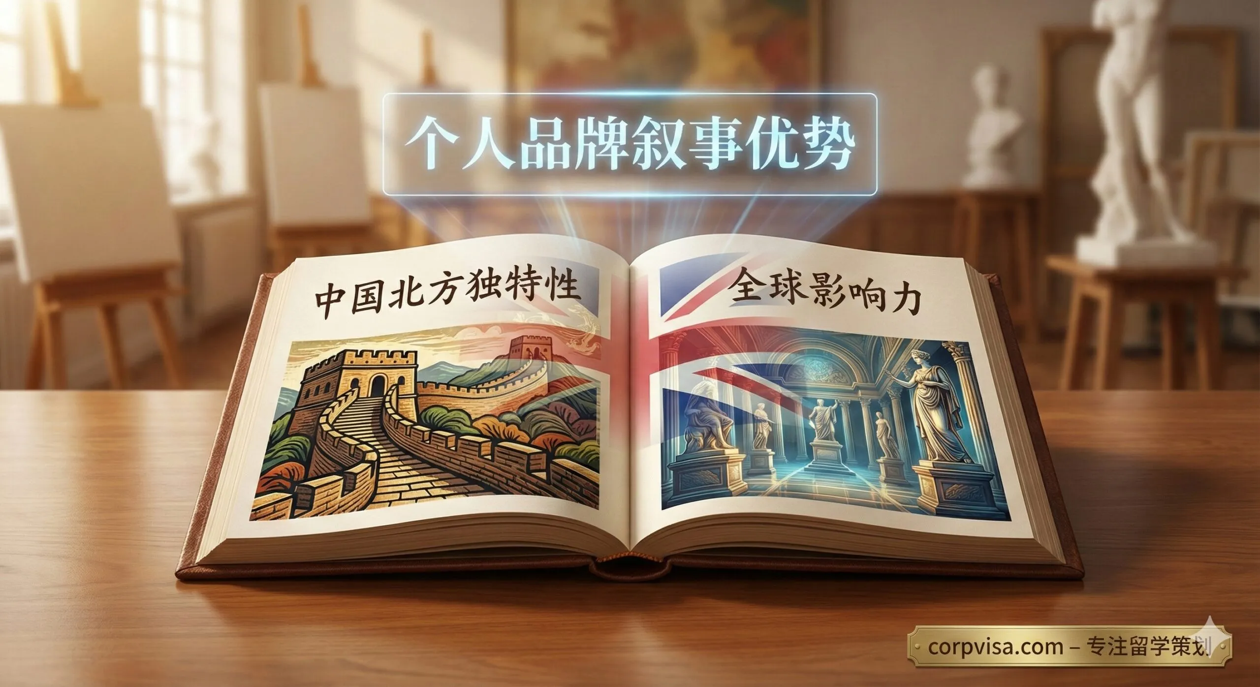 图片强调将“中国北方背景”转化为文书优势的策略。画面主体为一本打开的、带有英国国旗和中国长城意象的书本（象征文书和文化桥梁）。书页中浮现出抽象的中国北方元素（如粗犷的线条、厚重的肌理、或民间艺术的色彩）与精致的英伦艺术元素（如古典画廊的雕塑）。色彩对比鲜明，突出“独特性”与“全球影响力”，象征通过专业策划实现艺术家的个人品牌打造。