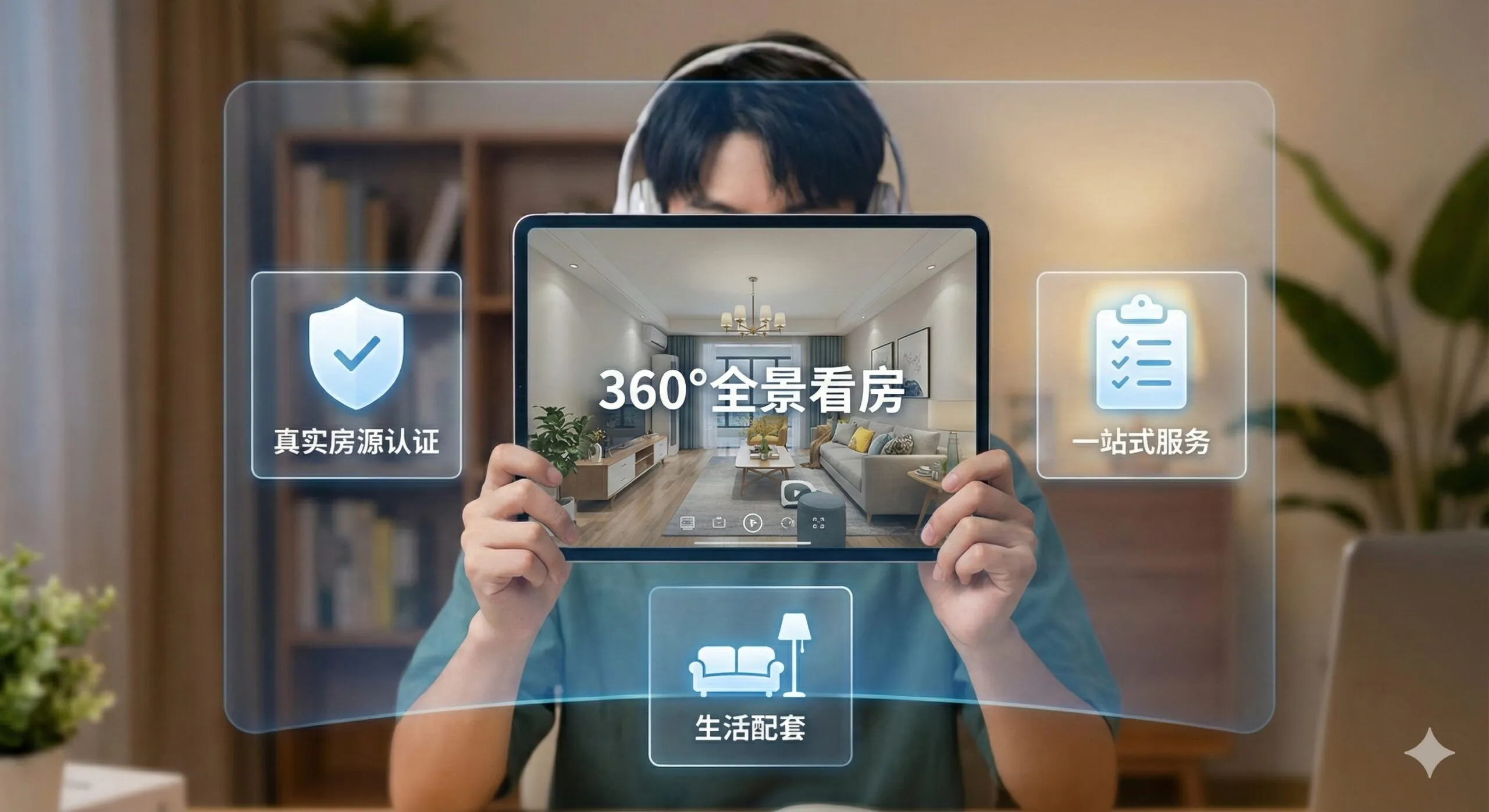 展示corpvisa.com线上看房功能的科技感插图。画面中心是一名学生手持平板电脑,屏幕上清晰显示着360度VR全景看房的界面。围绕着平板电脑,漂浮着代表‘真实房源认证’(盾牌图标)、‘一站式服务’(清单图标)和‘生活配套’(家具图标)的UI元素。背景是模糊的舒适书房环境,强调足不出户即可远程锁定海外优质房源的便捷性,视觉风格简洁现代。