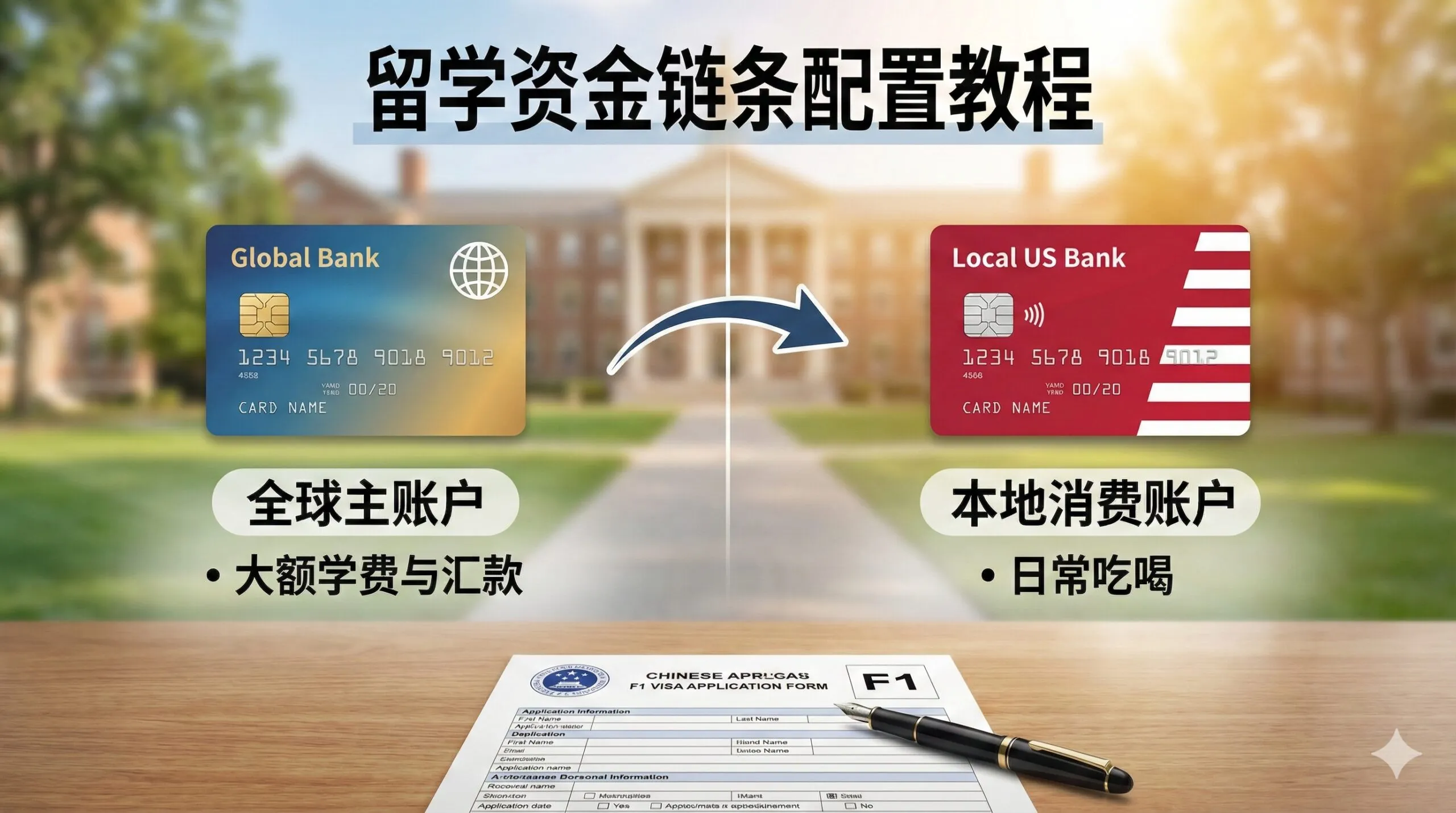 清晰直观的“1+1账户策略”流程图或分屏示意图。左侧展示“全球主账户”（以Citigold或HSBC风格的全球卡片示意），标注用途为“大额学费与汇款”；右侧展示“本地消费账户”（如美国本地银行卡），标注用途为“日常吃喝”。中间用箭头连接，展示资金流向。桌面上还摆放着F1签证申请表和一支钢笔，背景是模糊的美国大学校园，帮助用户一眼看懂如何配置留学资金链条。