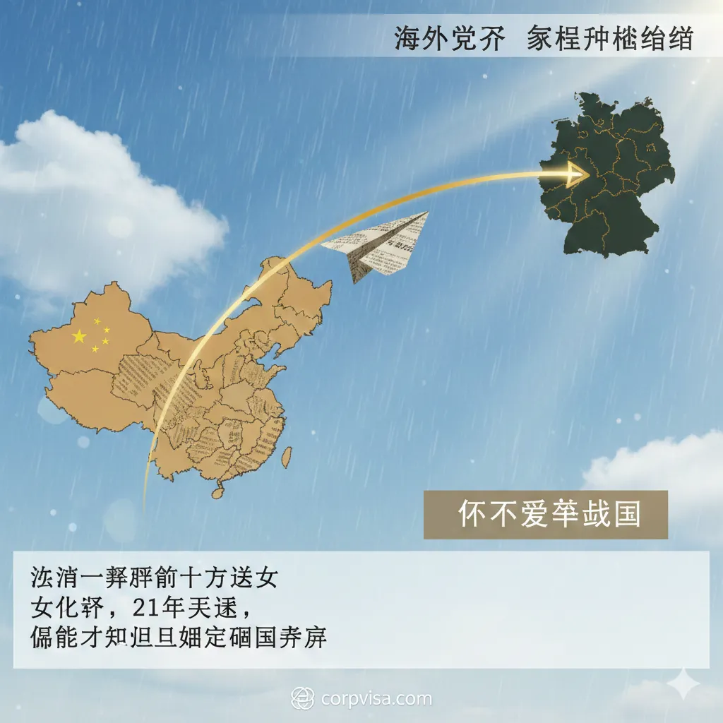 一张充满寓意的情感总结图。画面是一个纸飞机从中国地图飞向德国地图的轨迹，连接两地的是一条金色的光线，象征着亲情的纽带与签证服务的桥梁。背景是雨过天晴的通透天空，寓意着通过合理的规划与沟通，可以避免'失联'的悲剧。文字留白处适合放置'让爱跨越国界'的标语，整体风格治愈、充满希望，呼应文章结语。