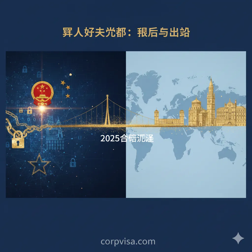 设计一张富有专业感和深度的主题封面图。构图应分为左右两部分，左侧以中国军方元素（如军徽、五角星的抽象光影）和保密概念的锁链或密码图案为背景，象征“国内限制”和“审批关卡”。右侧则以世界地图或著名大学的剪影（如哈佛、牛津等）为背景，象征“出国留学”。中间放置一个抽象的“桥梁”或“通道”图标，上面标有“2025合规流程”字样，强调文章是连接限制与自由的解决方案。整体色调采用深蓝色和金色，突出专业、权威和希望。