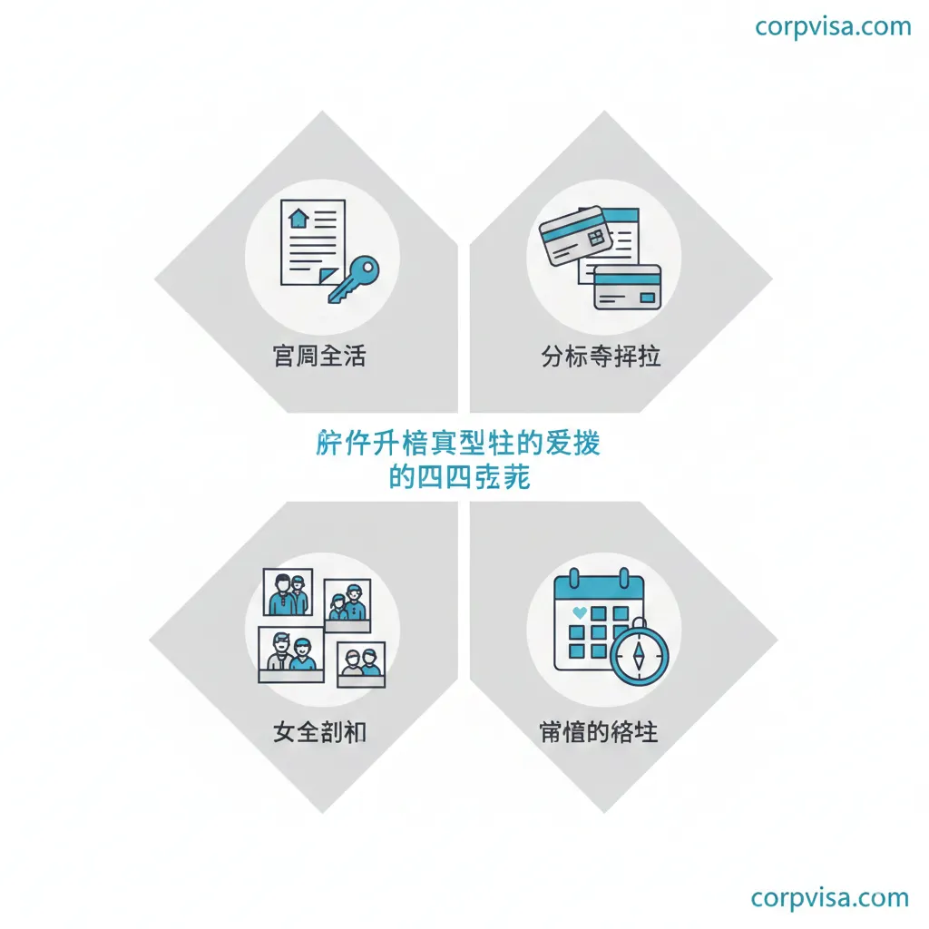 功能/特性图：以信息图表（Infographic）风格展示文章第三部分“移民局如何审核伴侣关系的真实性？”的核心内容。画面分为四个象限，每个象限代表一个关系真实性的支柱（共同生活、财务依赖、社会认知、承诺的持续性），用不同的专业小图标（如：联名合同、银行卡、家庭照片、日历）表示。整体色彩采用中性商务色调，如浅灰和湖蓝。要求清晰、结构化，强调专业性和法律依据，完全避免任何情感化或争议性元素。