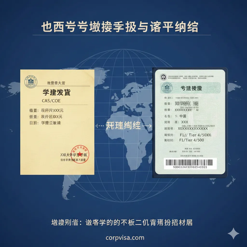 图片用于总结缴费凭证对签证申请的重要性,强调“最后一公里”的关键。画面将两部分内容并列:左侧是一个“学费收据(Receipt)”或“CAS/COE”文件,上面盖着学校的印章;右侧是一个放大版的签证(如F1/Tier 4/500)页面。中间用一条连接线和“关键衔接”的文字相连。背景可以是世界地图的抽象线条,象征留学目的地。整体风格应体现专业和严谨,突出“缴费凭证是签证成功的重要辅助材料”这一核心信息,帮助用户理解最终目的。