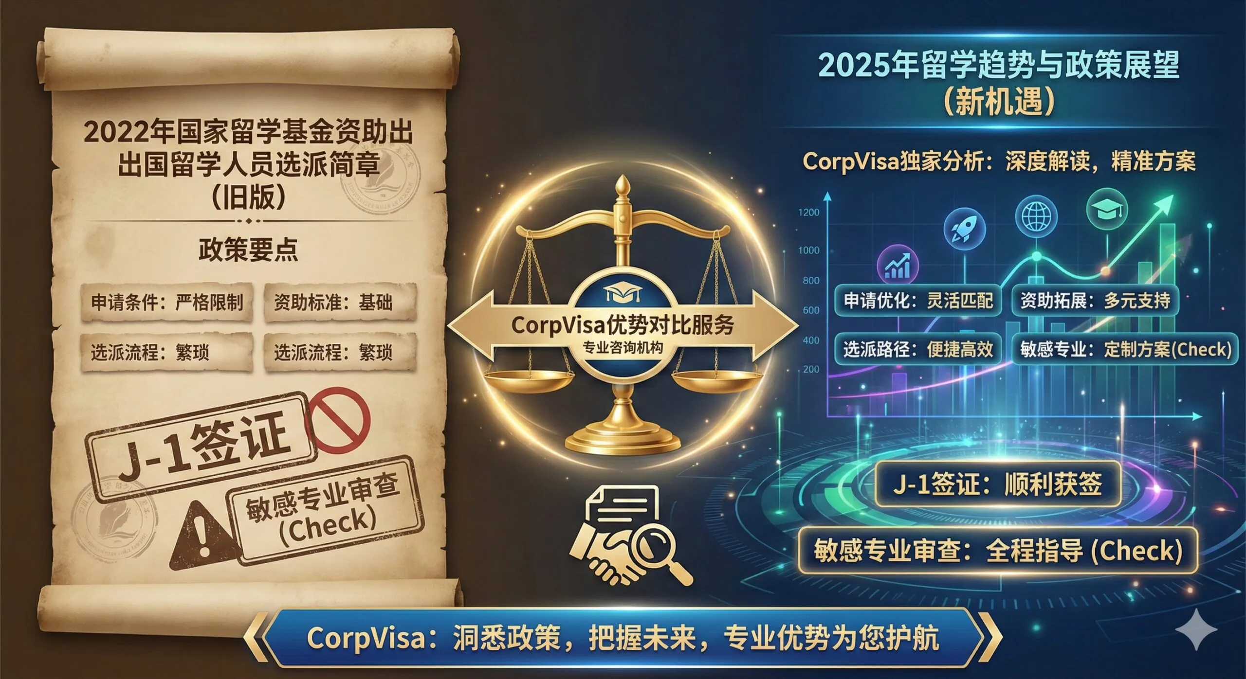 一张对比鲜明的分析图，左侧是色调偏旧的'2022政策'文档，右侧是色调现代鲜艳的'2025趋势'数据图表。中间是一个金色的天平或双向箭头，象征CorpVisa提供的独家对比分析服务。画面中还包含并没有被遮盖的'J-1'和'Check'字样，暗示对敏感专业签证难点的解决方案，体现专业咨询机构的优势和深度。
