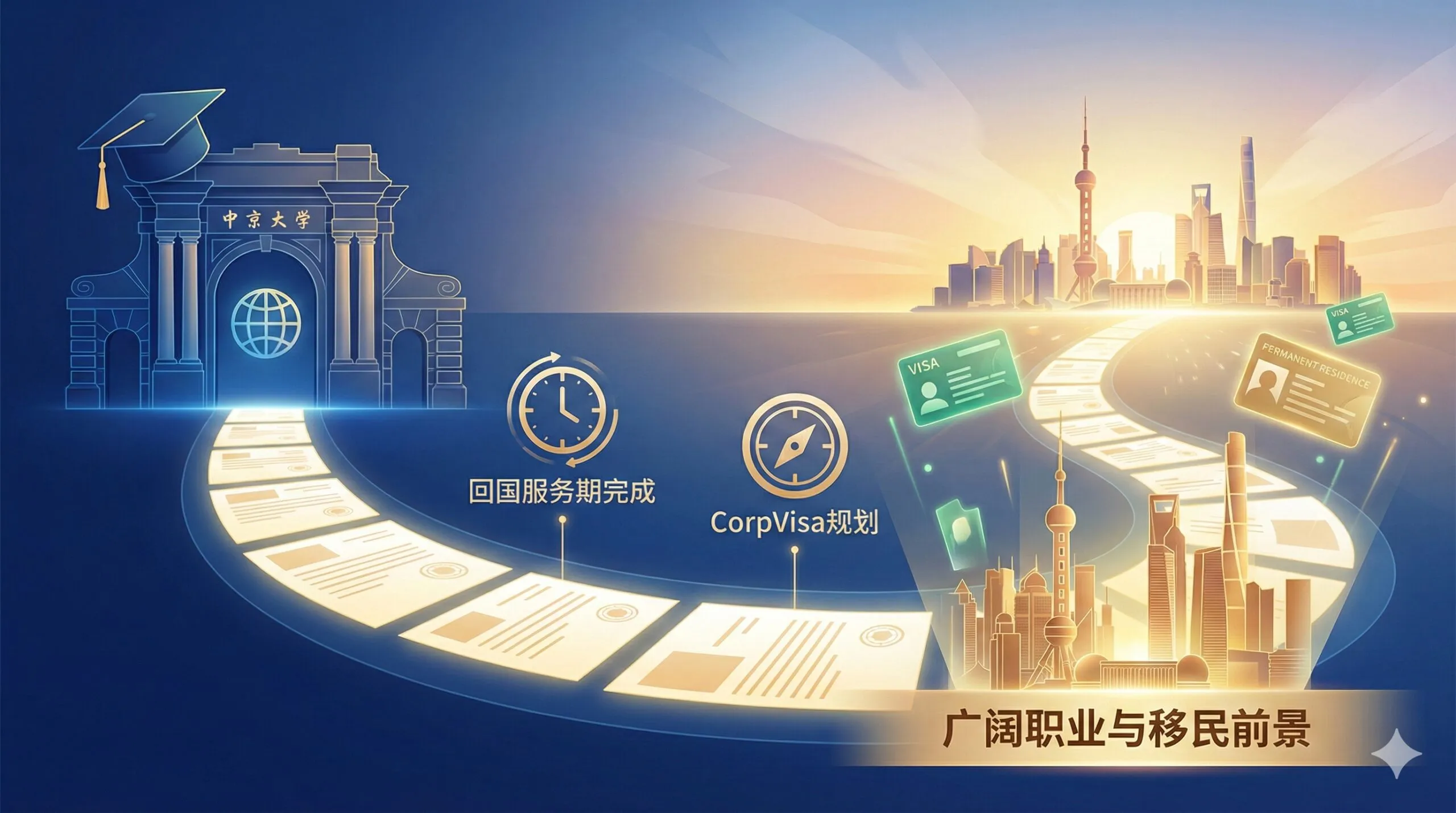 一张寓意深远的总结性图片，描绘了一条从大学校园延伸至国际化都市天际线的道路。画面融合了学术帽、地球仪以及象征移民身份的'绿卡'或'签证'抽象元素。色彩从学术的深蓝过渡到希望的晨曦金，象征着完成回国服务期后，公派留学人员在CorpVisa规划下开启的广阔职业与移民前景。