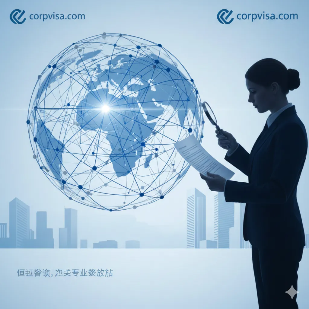 总结图：一个强调专业服务和引导咨询的视觉画面。画面主体是一个象征全球连接的复杂网络图形，其中一个节点突出显示，并连接到一个拿着放大镜或法律卷轴的专业人士（形象应中立、商务）。背景可以有一个corpvisa.com品牌logo的轻微水印，或者抽象的企业大楼剪影。色彩选用专业、信任感强的蓝灰色系。下方留出空间，暗示“立即咨询，获取专业解决方案”的服务引导。
