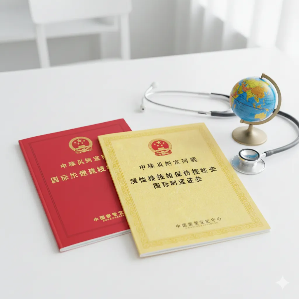 特写镜头展示留学体检的核心产物——‘小红本’与‘小黄本’的对比。两本证书平铺在干净的医用白色桌面上，旁边放置一副听诊器和一个微型地球仪，象征着国际旅行与健康安全。光线明亮柔和，清晰展示两本证书封面上的国徽和文字细节，帮助用户直观识别这两个关键证件。风格严谨、科学，强调医疗合规与官方认证的权威感。