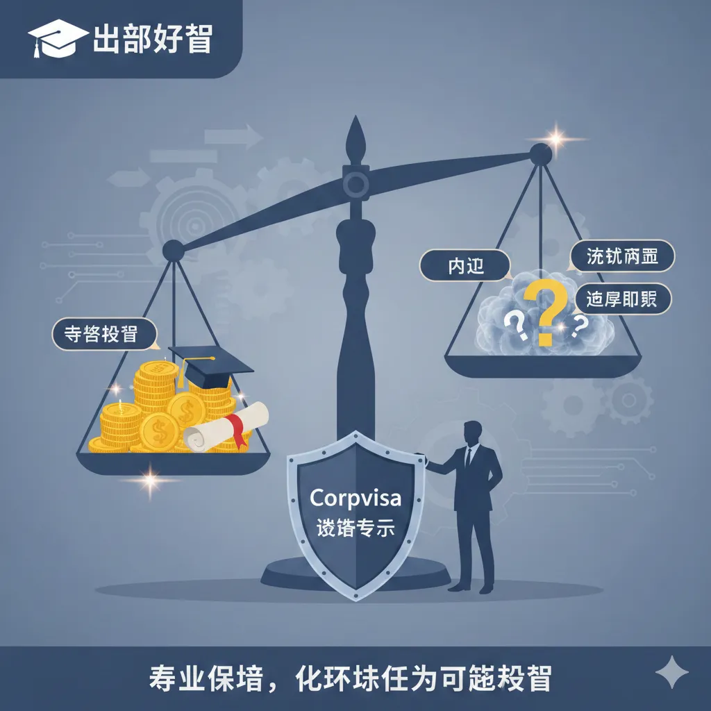 本图用于总结和对冲风险，配合第三部分的内容。画面应展示一个天平，一边是'留学投资'（金币或毕业证书），另一边是'风险因素'（如'内卷'、'认证问题'的标签和问号）。天平下方有一个'Corpvisa 签证专家'的盾牌或专业人士形象，象征专业指导能平衡风险，将不确定的留学变为可控的投资。整体风格冷静、专业，使用灰色、蓝色调，强调'风险对冲'和'专业保障'的理念。