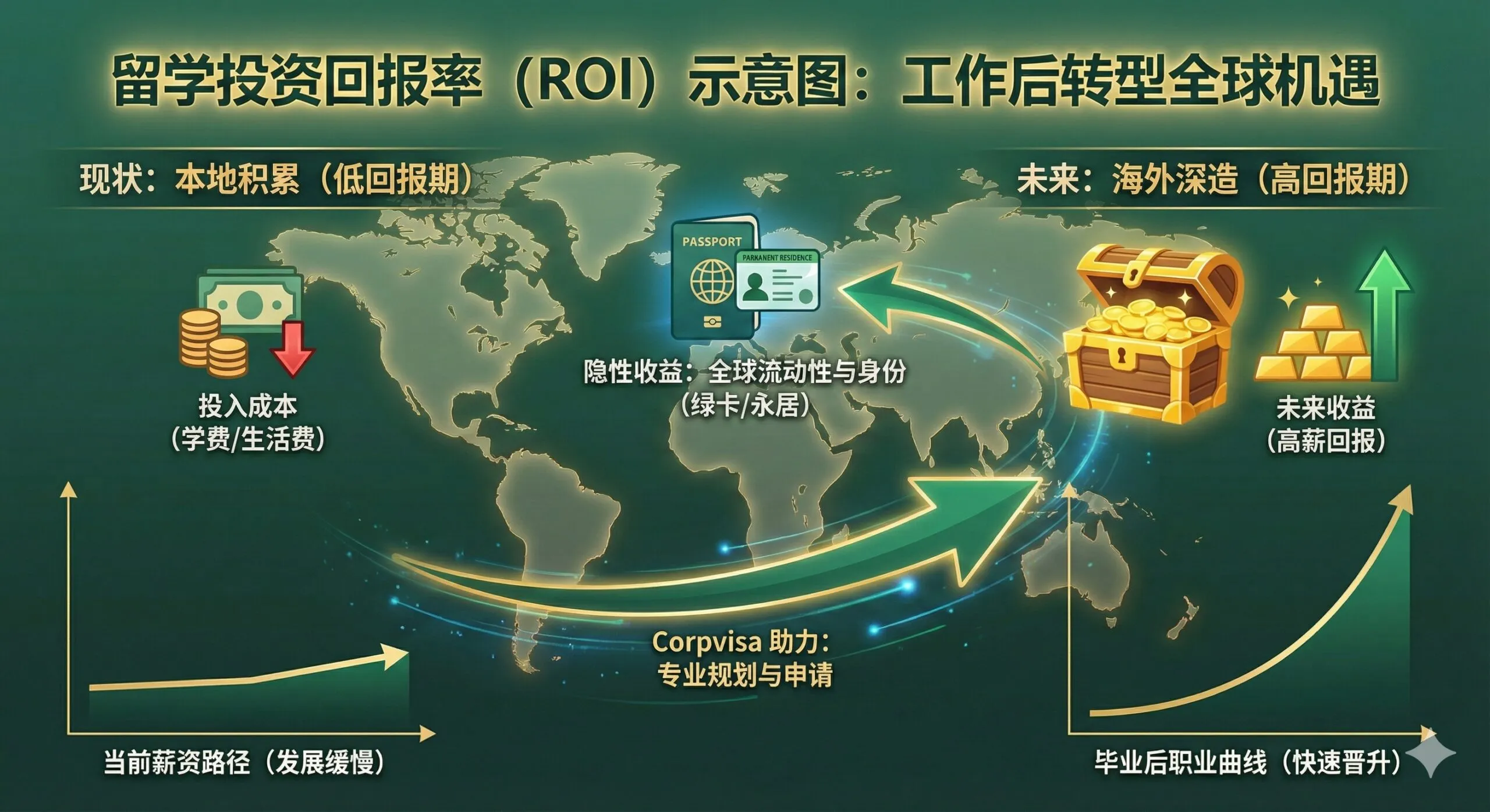 功能图片旨在视觉化“留学投资回报率 (ROI)”。画面应是一个简洁、信息图风格的流程图或对比图。左侧是一个较小的金钱符号（代表投入成本/学费）和一条低平的职业路径（代表当前薪水）。右侧是一个巨大的金钱符号（代表毕业后高薪）和一条陡峭上升的职业曲线。背景可以有世界地图的半透明叠加，用箭头清晰地指示“本地学历/工作经验”如何直接导向“绿卡/身份”，呼应文章中 Corpvisa 强调的隐性收益，即全球流动性。色彩使用绿色和金色，代表投资和回报。