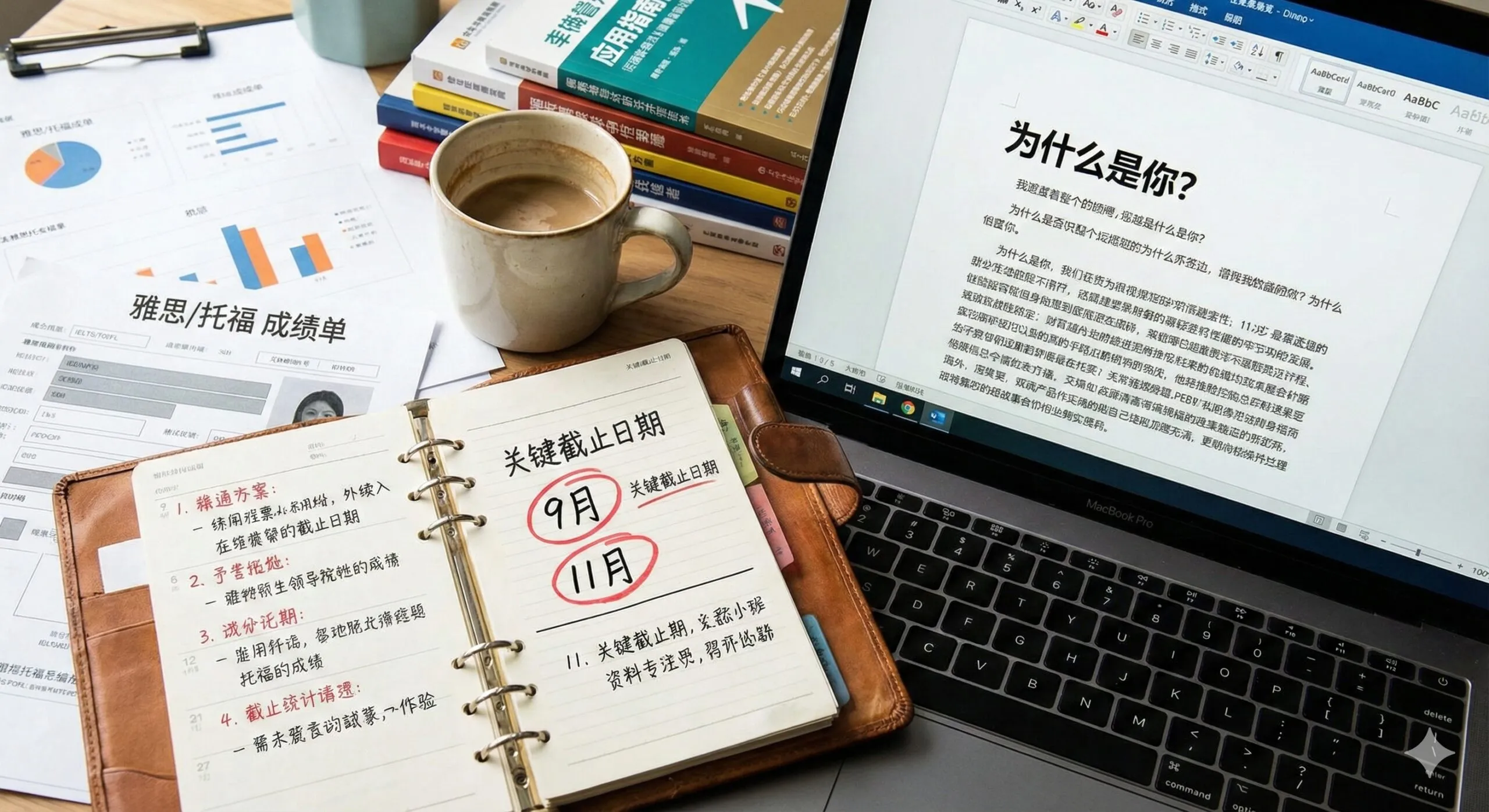 一张俯视视角的特写摄影图，展示申请准备的桌面场景。桌上放置着一本打开的精美日程本，上面用红色马克笔圈出了9月和11月的关键截止日期。旁边是一台笔记本电脑，屏幕上显示着文书写作的草稿界面，重点突出了'Why You?'的标题。周围散落着雅思/托福成绩单和一杯咖啡，展现出专注备考和申请的氛围。图片风格写实、清晰，旨在强调时间规划和文书准备的重要性。