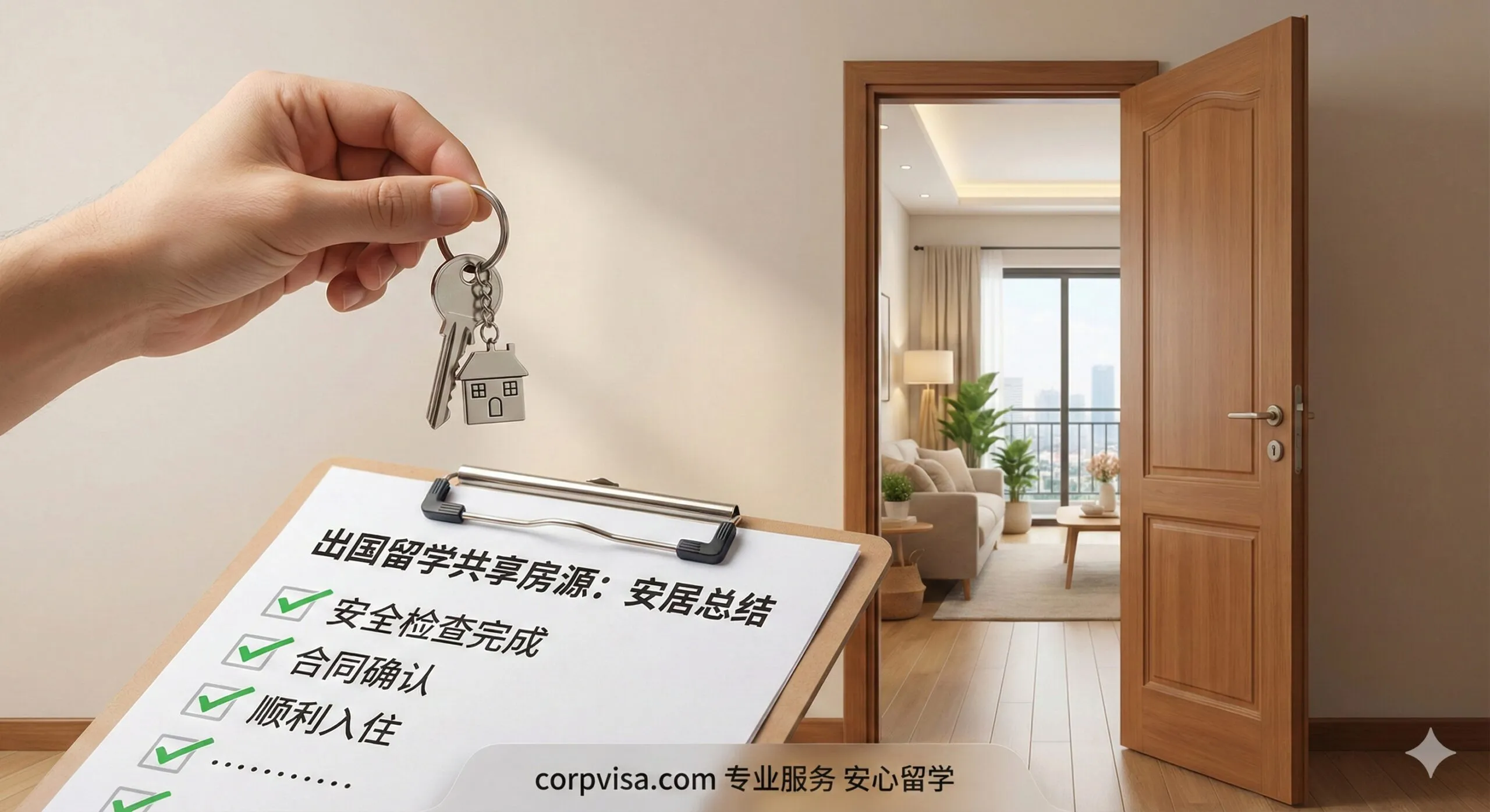 一张总结性的概念图片，象征顺利安居。画面主体是一只手拿着一串新房钥匙，背景是打开的房门，通向整洁温馨的居住空间。在前景叠加一个带有绿色对勾的清单（Checklist）剪贴板，暗示已完成所有合规性检查和入住准备。整体氛围积极向上，给人以安心和踏实的感觉。