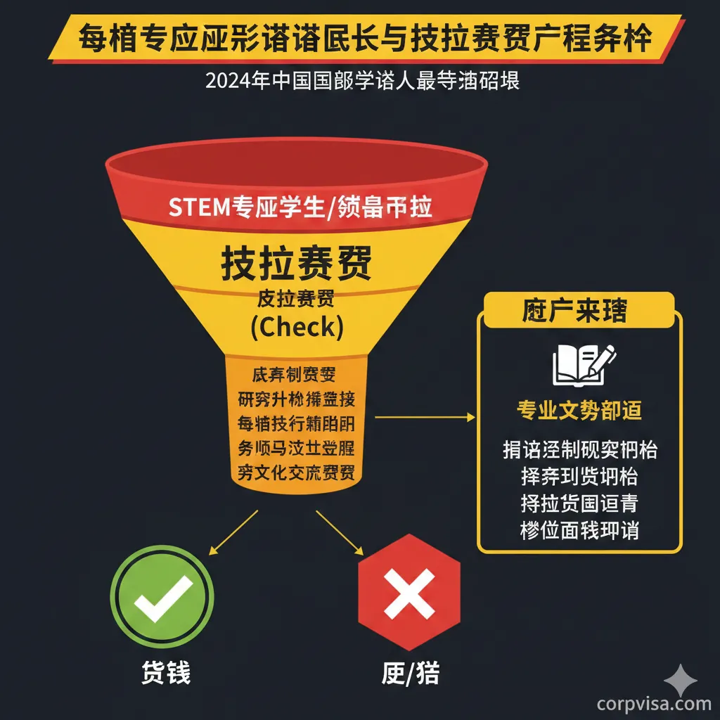 一个关于'敏感专业与行政审查（Check）'流程的示意图。风格应为流程图或信息图表，颜色采用红色和黄色警示色。图片主体是一个流程漏斗，顶部输入是'STEM专业学生/硕博申请'，中间环节是'行政审查 (Check)'，配有'背景调查'、'研究计划审核'等关键词。底部有两个出口：一个是成功的绿色的'获签'标志，另一个是红色的'延迟/拒签'标志。流程旁边配有'专业文书辅导'的图标，象征应对策略，指导学生如何应对漫长的审查。