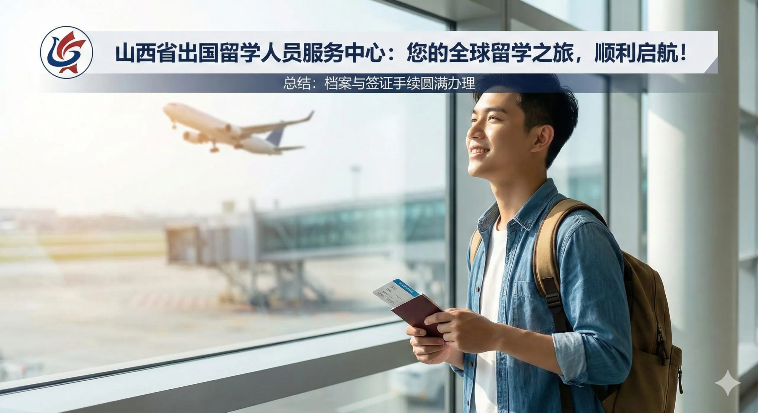 充满希望与活力的总结性图片。一位背着双肩包、手持护照和机票的年轻学生站在现代化机场的落地窗前，望着窗外正在起飞的飞机，阳光洒在脸上，表情自信微笑。背景模糊处理，突出人物主体，象征着在办理完所有档案和签证手续后，顺利开启留学之旅的美好愿景。