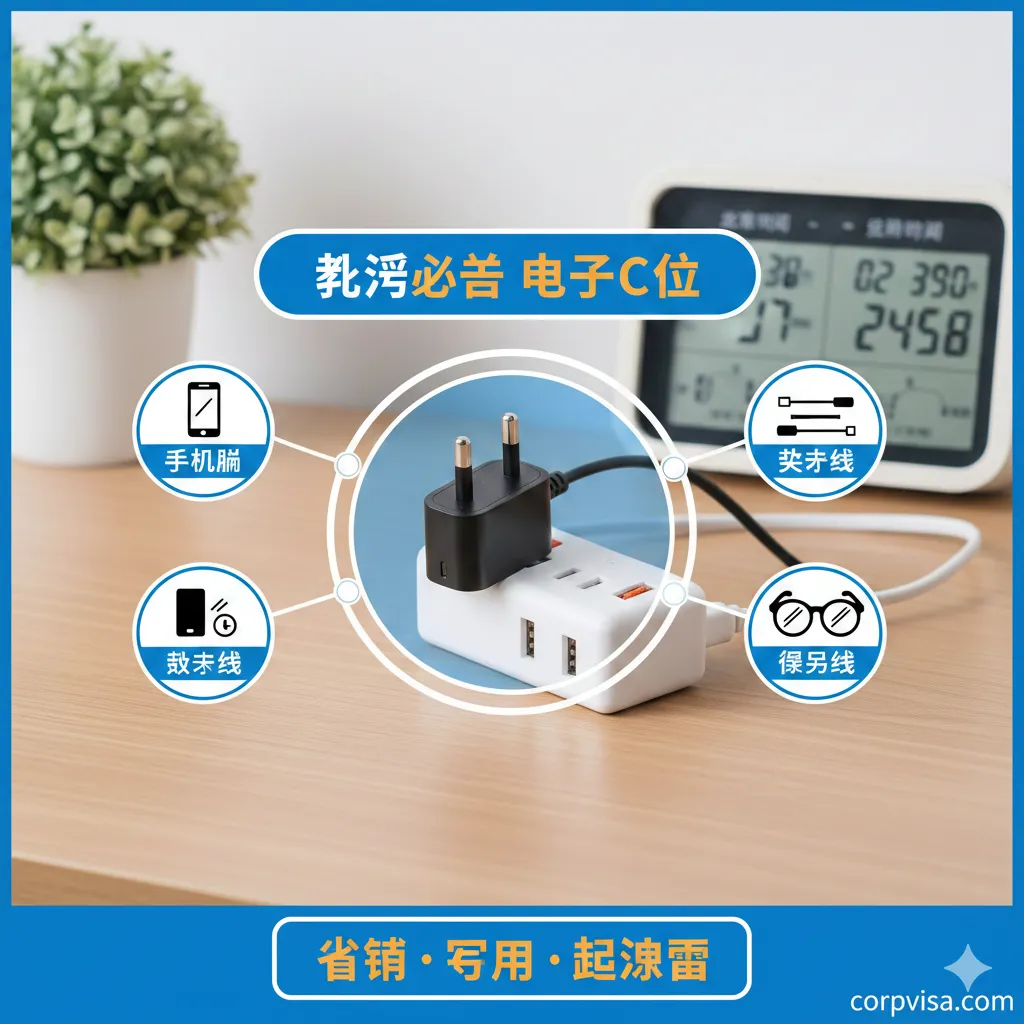 用于展示实用生活用品清单中的“取舍与必备”优势,特别是强调电子产品的性价比好物。画面应展示一个全球通用转换插头和带USB口的插线板,作为“留学必带物品之首”的视觉中心。周围可以有几个高性价比的小物品图标,如手机膜、数据线、备用眼镜。背景应是简洁的木纹桌面或一个有国际时钟的场景,暗示跨国使用的便利性。色彩明亮、实用,突出电子产品的现代感和工具性,体现“省钱、实用”的优势。